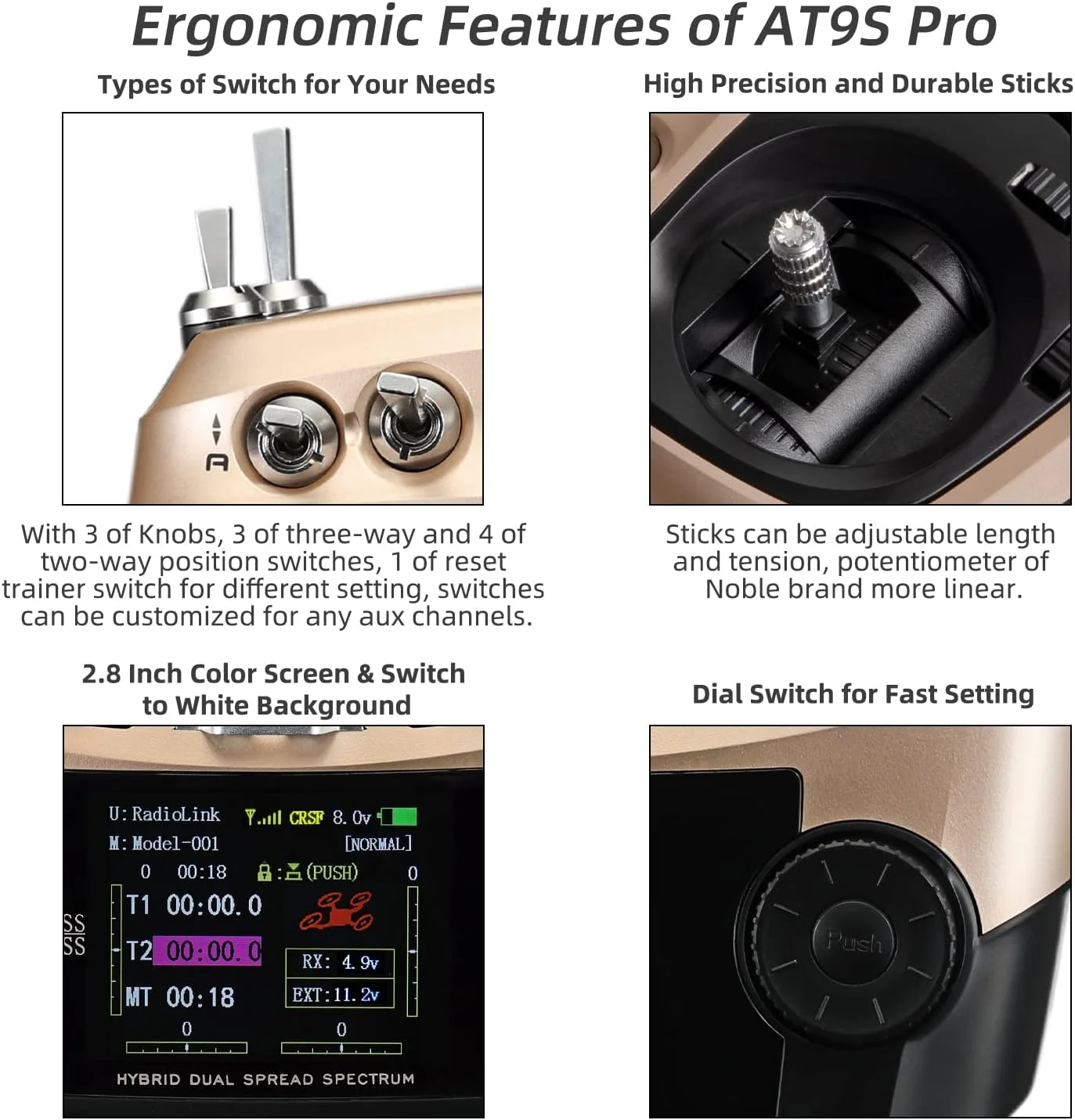 فرستنده رادیویی 10/12 کاناله 2.4 گیگاهرتز Radiolink AT9S Pro با گیرنده R9DS، کنترل از راه دور برد بلند برای FPV Racing Drone/Quad/Airplane و موارد دیگر (حالت 2 دست چپ)