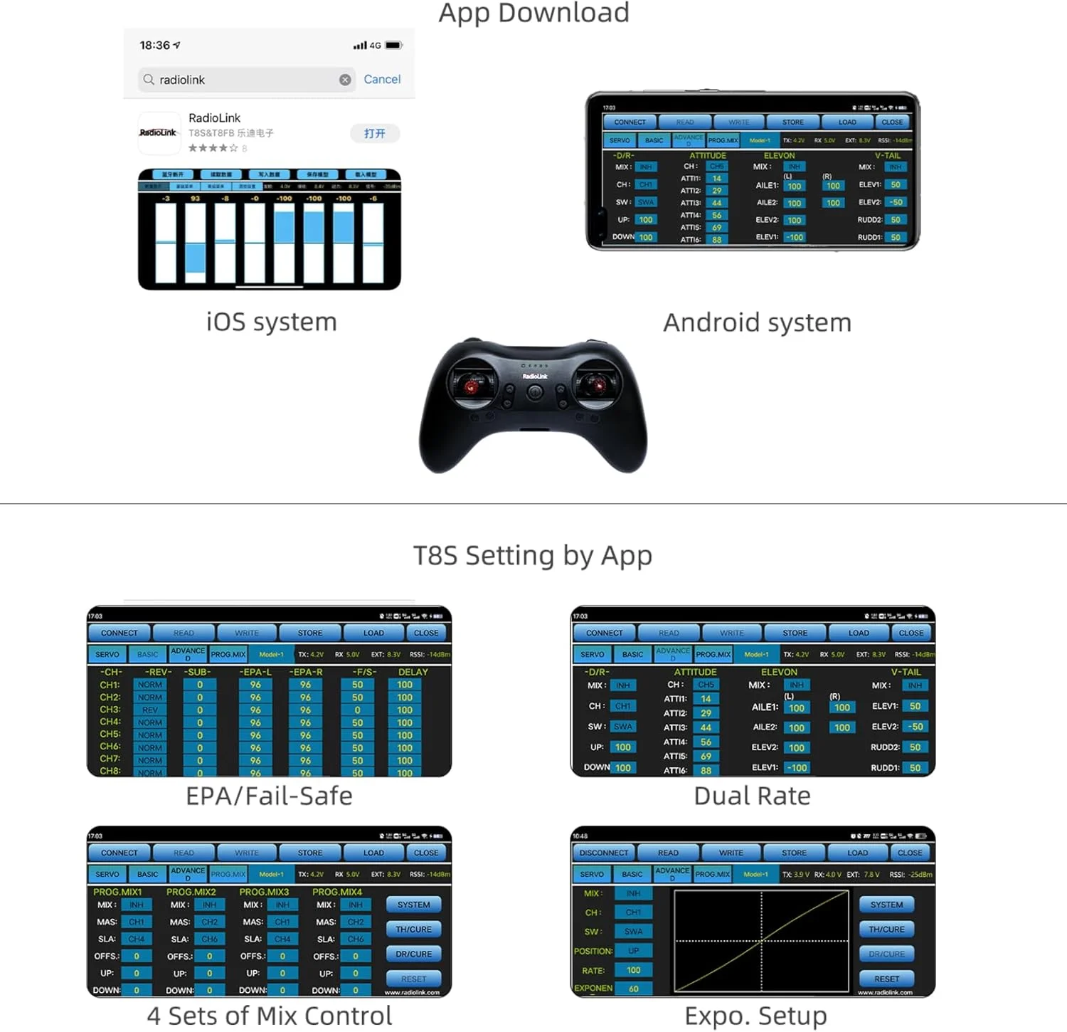 فرستنده و گیرنده رادیویی 8 کاناله 2.4G رادیولینک مدل T8S به همراه گیرنده 8 کاناله R8EF، کنترل از راه دور رادیویی، دارای باتری قابل شارژ 1S داخلی برای کوادکوپتر/هواپیما/ماشین/قایق/ربات و موارد دیگر (حالت 2 دریچه گاز سمت چپ)