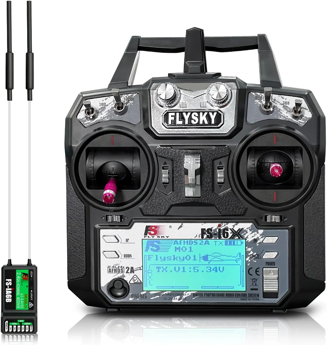 فرستنده 10 کاناله FLYSKY FS-i6X با گیرنده FS-iA6B، کنترلر RC 2.4 گیگاهرتز برای ماشین RC، قایق، هواپیما، هلیکوپتر، پهپاد، ربات و ماشین آلات ساختمانی (حالت 2)