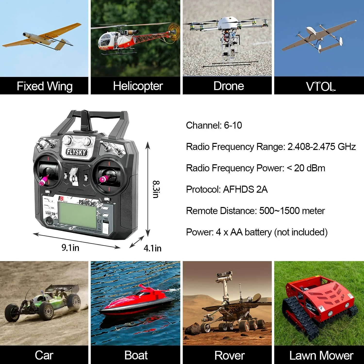 فرستنده 10 کاناله FLYSKY FS-i6X با گیرنده FS-iA6B، کنترلر RC 2.4 گیگاهرتز برای ماشین RC، قایق، هواپیما، هلیکوپتر، پهپاد، ربات و ماشین آلات ساختمانی (حالت 2)