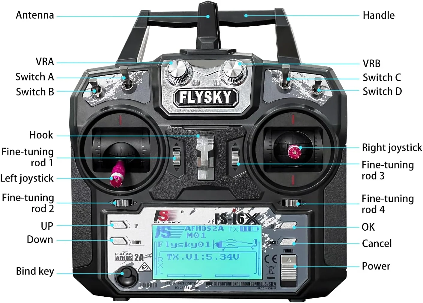 فرستنده 10 کاناله FLYSKY FS-i6X با گیرنده FS-iA6B، کنترلر RC 2.4 گیگاهرتز برای ماشین RC، قایق، هواپیما، هلیکوپتر، پهپاد، ربات و ماشین آلات ساختمانی (حالت 2)