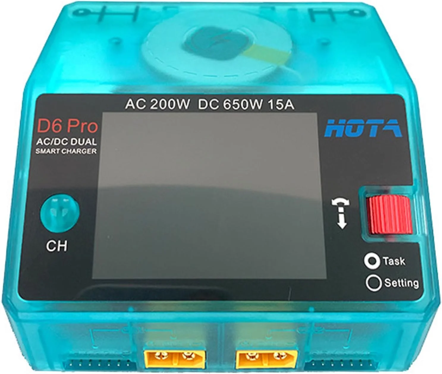 شارژر هوشمند دو پورت HOTA D6 Pro با قابلیت شارژ بی‌سیم تلفن همراه برای باتری‌های لیپو، لیتیوم یون، LiHv، نیکد، NiMH، ماشین کنترلی و پهپاد، پشتیبانی از ورودی AC/DC (آبی شفاف)