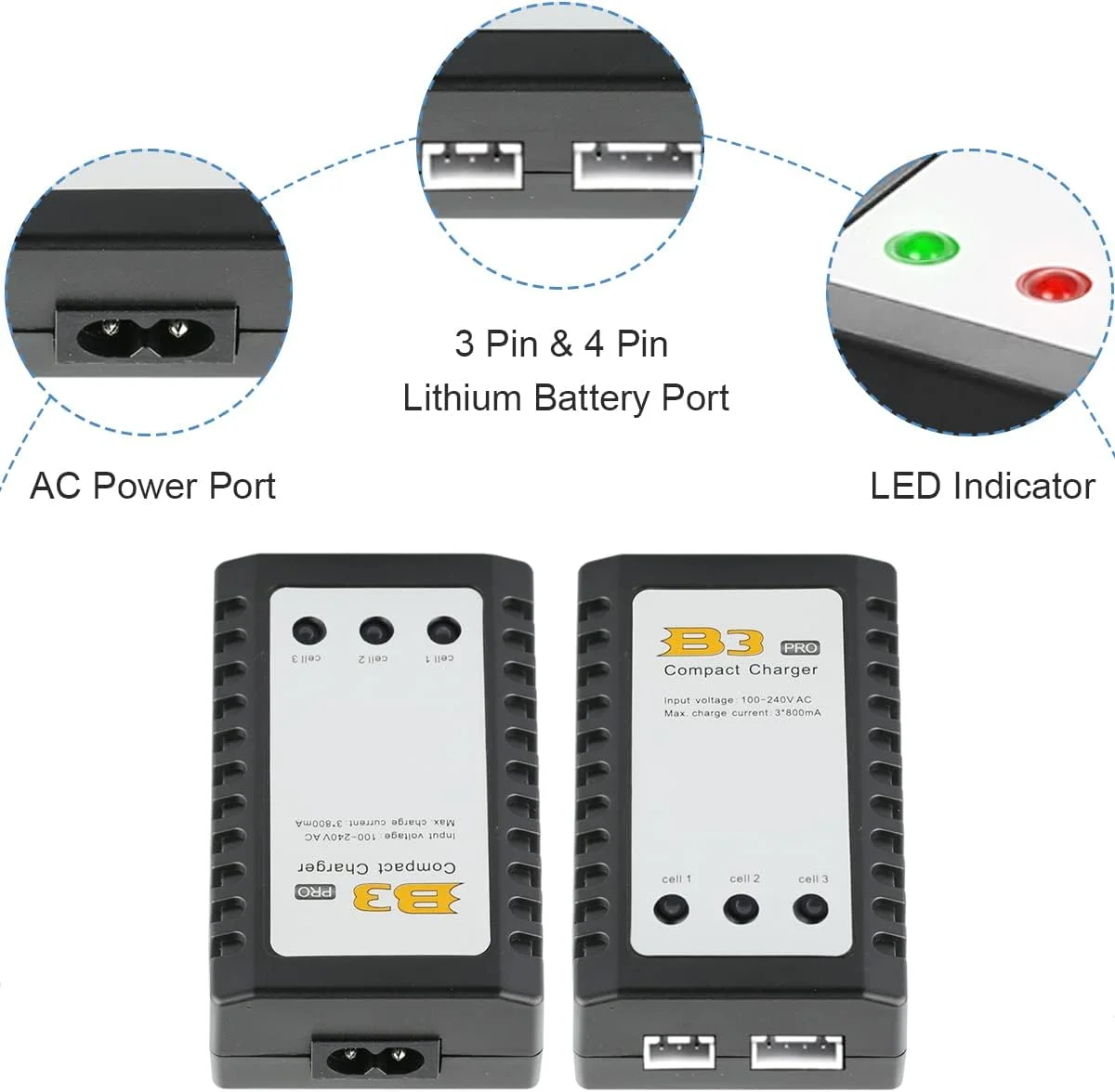 شارژر باتری لیتیوم پلیمر B3 برای باتری های 2 و 3 سلولی (7.4 ولت، 11.1 ولت)، شارژر سریع بالانس باتری آرسی (100-240 ولت) برای کوادکوپتر آرسی، پهپاد، ماشین و قایق
