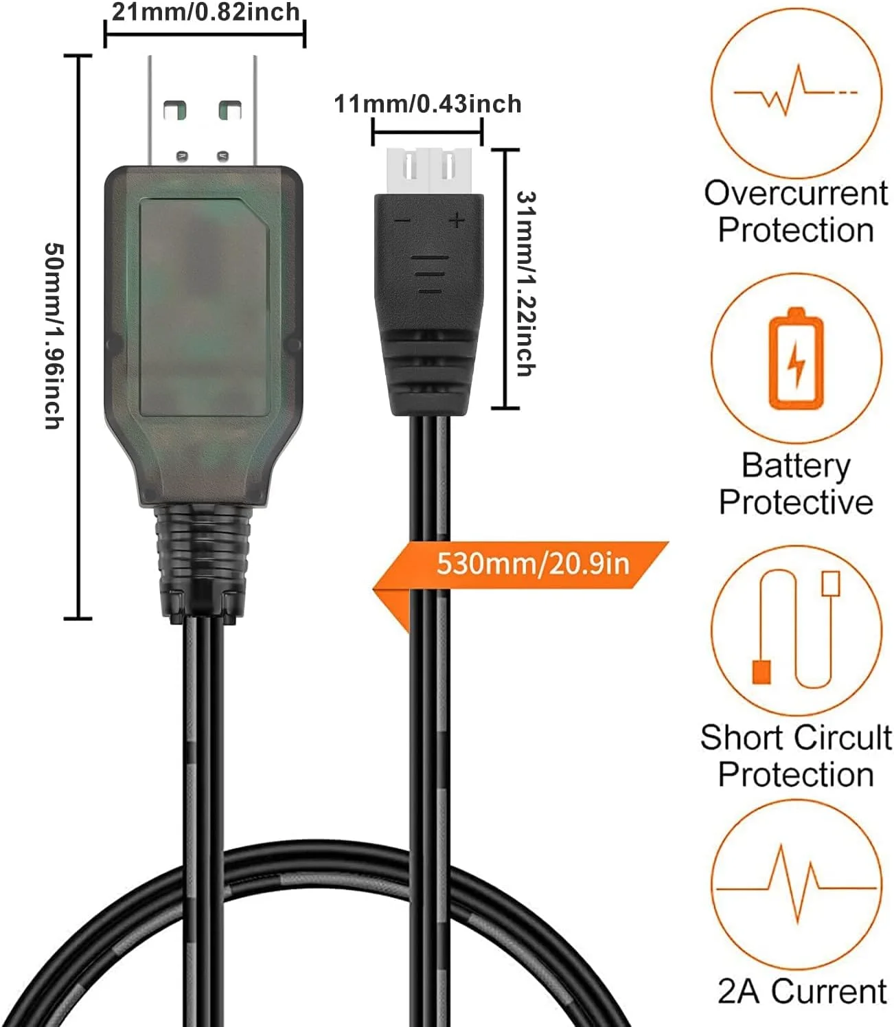 کابل شارژر USB دو عددی 1 آمپر با کانکتور XH-3P برای باتری لیتیوم پلیمر 7.4 ولت 2 سلولی مناسب ماشین کنترلی Hosim Q903 Q905 Axial SCX10، خزنده صخره نوردی، پهپاد FPV و کوادکوپتر