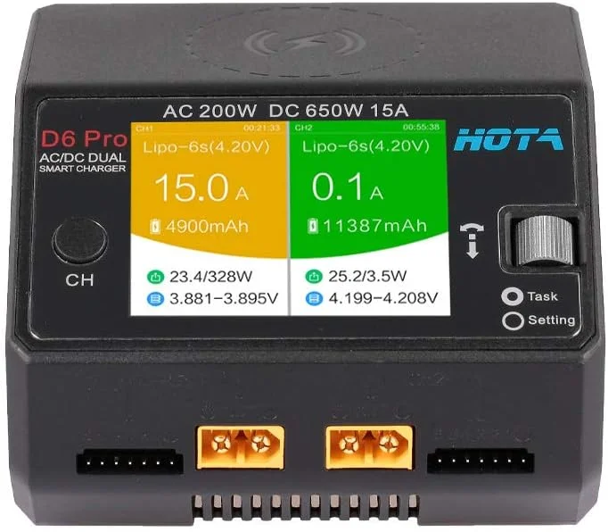 شارژر باتری هوشمند HOTA D6 Pro Lipo AC200W DC650W 15A برای LiHv Nicd NiMH Lipo با شارژ بی سیم تلفن و قطعات ماشین RC و پهپاد