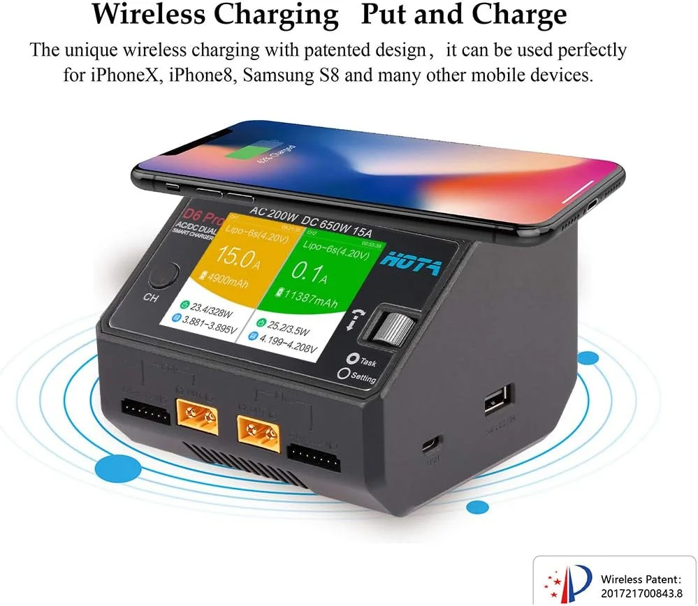 شارژر باتری هوشمند HOTA D6 Pro Lipo AC200W DC650W 15A برای LiHv Nicd NiMH Lipo با شارژ بی سیم تلفن و قطعات ماشین RC و پهپاد