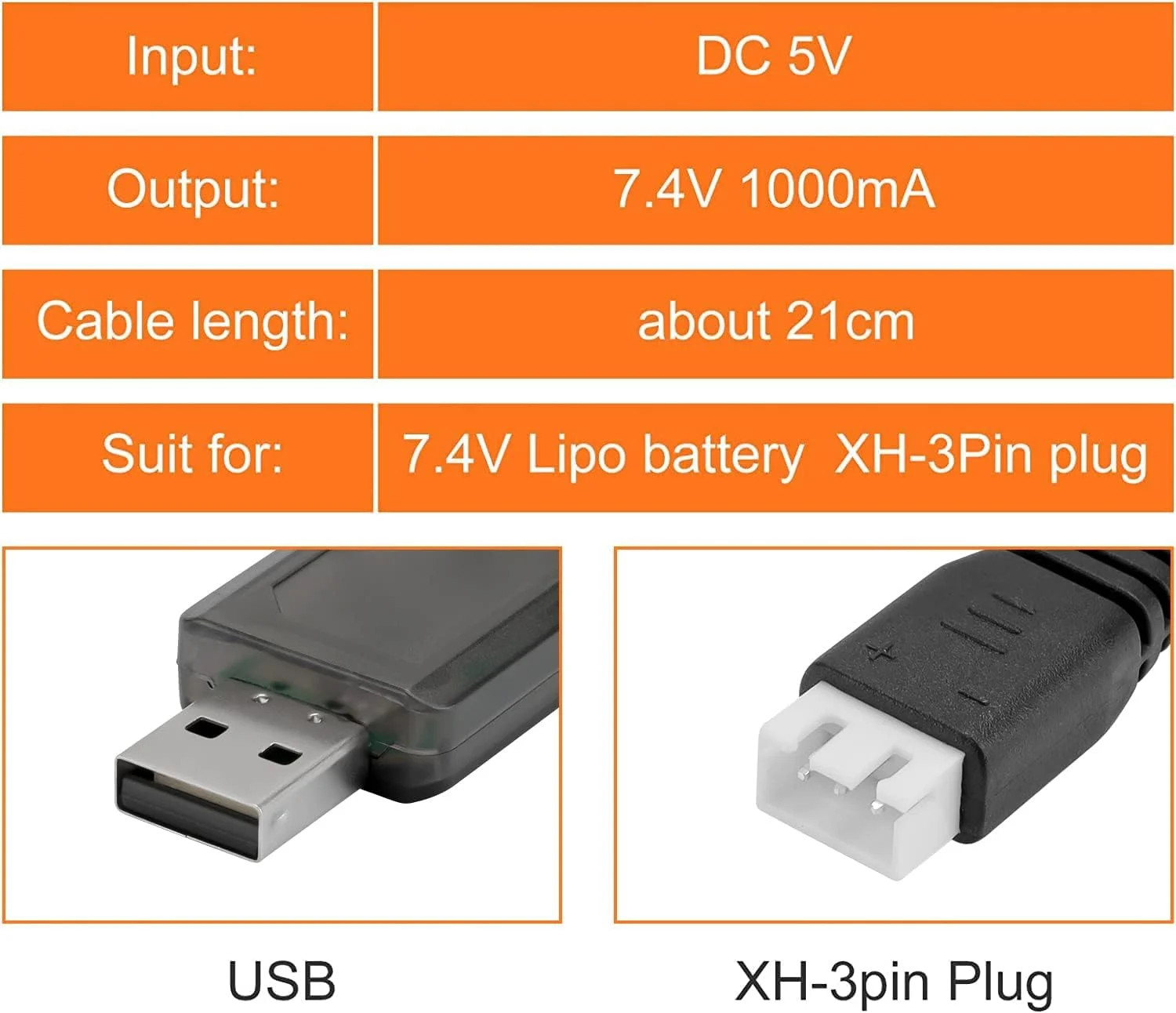 کابل شارژر USB دو عددی 1 آمپر با کانکتور XH-3P برای باتری لیتیوم پلیمر 7.4 ولت 2 سلولی مناسب ماشین کنترلی Hosim Q903 Q905 Axial SCX10، خزنده صخره نوردی، پهپاد FPV و کوادکوپتر