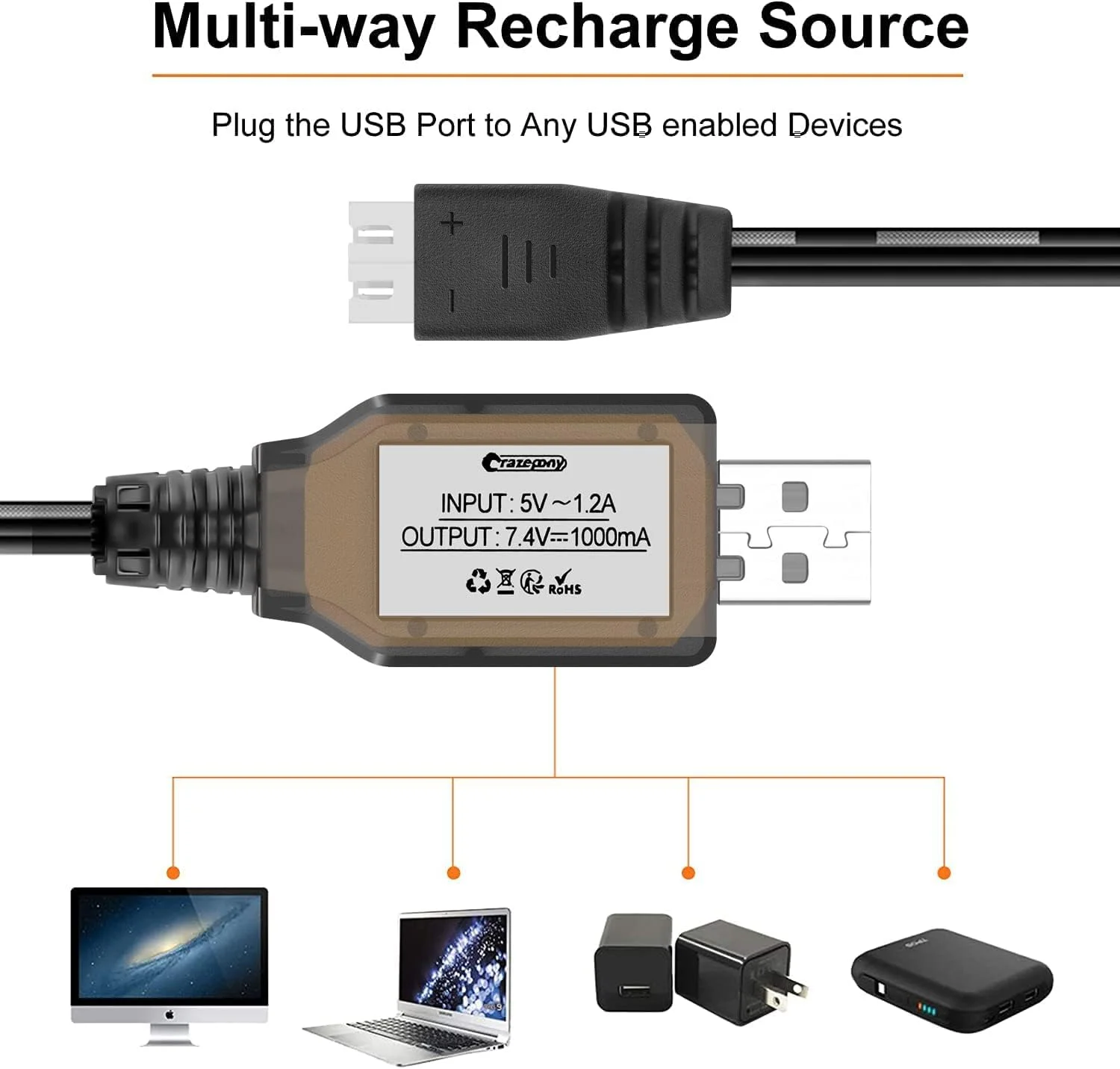 کابل شارژر USB دو عددی 1 آمپر با کانکتور XH-3P برای باتری لیتیوم پلیمر 7.4 ولت 2 سلولی مناسب ماشین کنترلی Hosim Q903 Q905 Axial SCX10، خزنده صخره نوردی، پهپاد FPV و کوادکوپتر