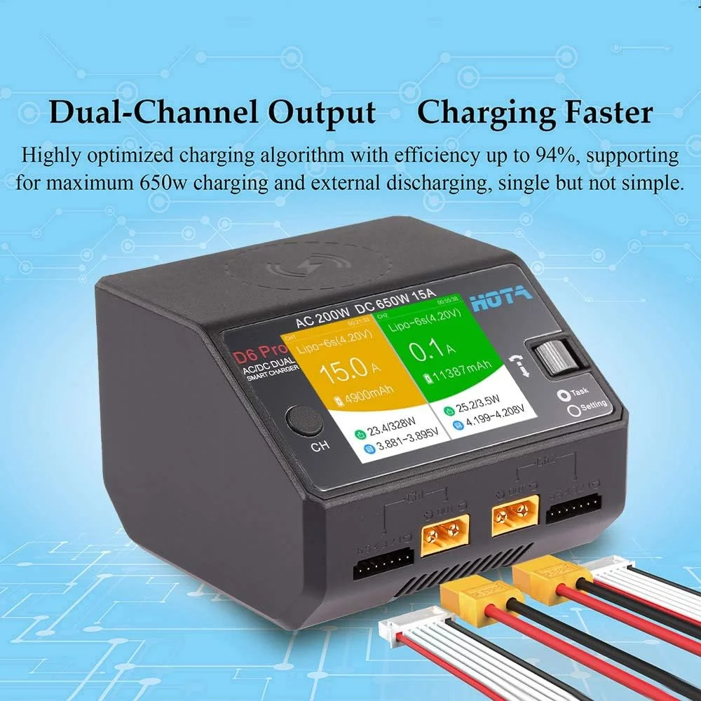شارژر باتری هوشمند HOTA D6 Pro Lipo AC200W DC650W 15A برای LiHv Nicd NiMH Lipo با شارژ بی سیم تلفن و قطعات ماشین RC و پهپاد