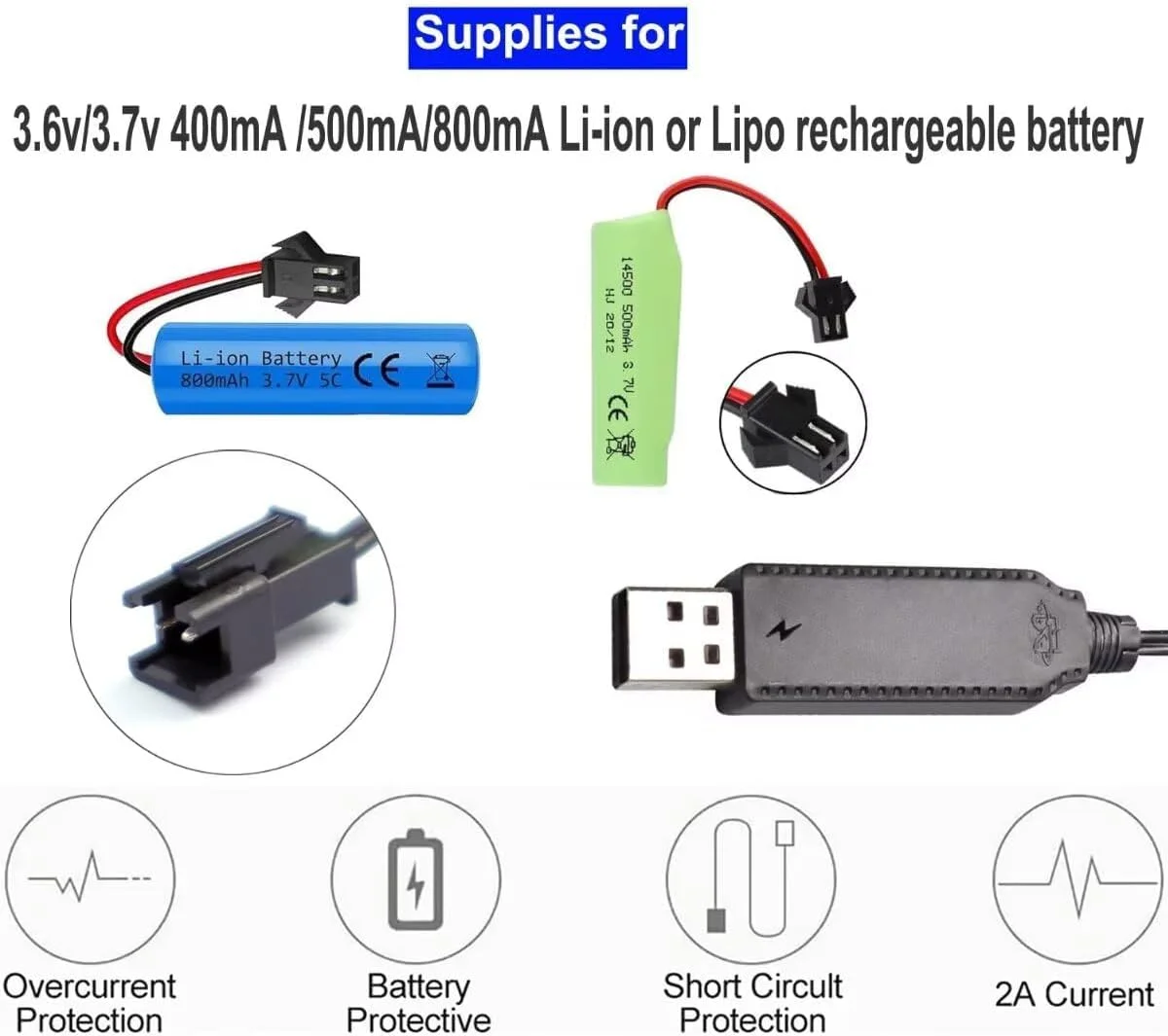 کابل شارژر باتری KASTWAVE، سیم شارژ USB، 3.6 ولت 3.7 ولت برای باتری های قابل شارژ LiPo، دوشاخه 2 پین SM، سازگار با اسباب بازی های RC، ماشین ها، کامیون ها، تانک ها، قطارها، قایق ها