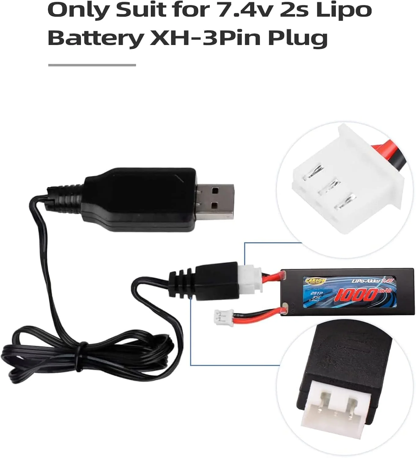 کابل شارژر USB باتری لیتیوم پلیمر 7.4 ولت 2S با کانکتور XH-3P، شارژ سریع 1 آمپر برای ماشین کنترلی SCX24، کامیون، صخره نورد، پهپاد FPV، هواپیما، قایق، کوادکوپتر مسابقه ای، هلیکوپتر، گلایدر، پهپاد، 2 عدد