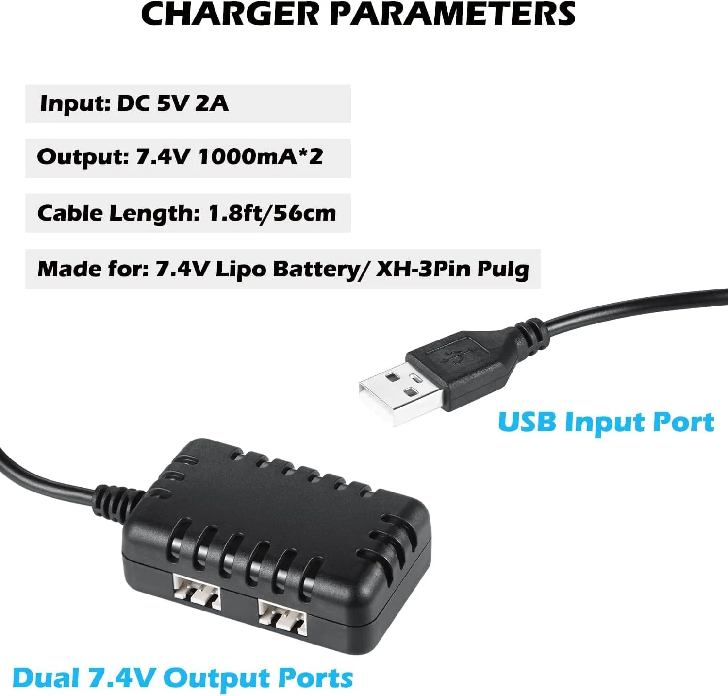 کابل شارژر USB مدل KASTWAVE 2S 7.4V، سیم شارژ دوگانه 1 آمپر با کانکتور XH-3P، شارژر جایگزین برای ماشین کنترلی SCX24 RC، آکسیال SCX10، باتری 2S LiPo، کامیون کنترلی، پهپاد، قایق، کوادکوپتر و ایرسافت