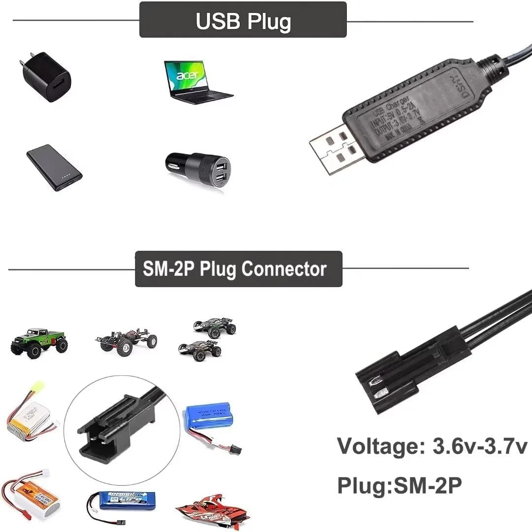 کابل شارژر باتری KASTWAVE، سیم شارژ USB، 3.6 ولت 3.7 ولت برای باتری های قابل شارژ LiPo، دوشاخه 2 پین SM، سازگار با اسباب بازی های RC، ماشین ها، کامیون ها، تانک ها، قطارها، قایق ها