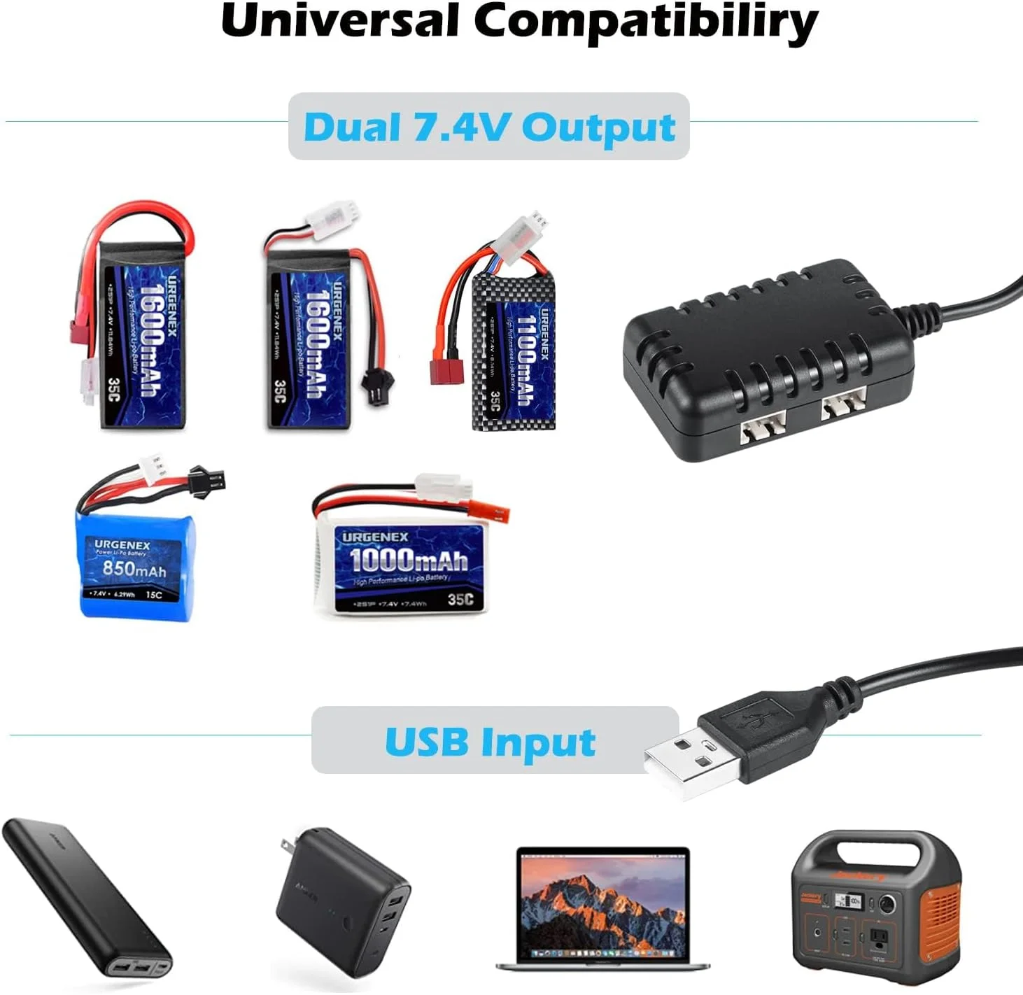 کابل شارژر USB مدل KASTWAVE 2S 7.4V، سیم شارژ دوگانه 1 آمپر با کانکتور XH-3P، شارژر جایگزین برای ماشین کنترلی SCX24 RC، آکسیال SCX10، باتری 2S LiPo، کامیون کنترلی، پهپاد، قایق، کوادکوپتر و ایرسافت