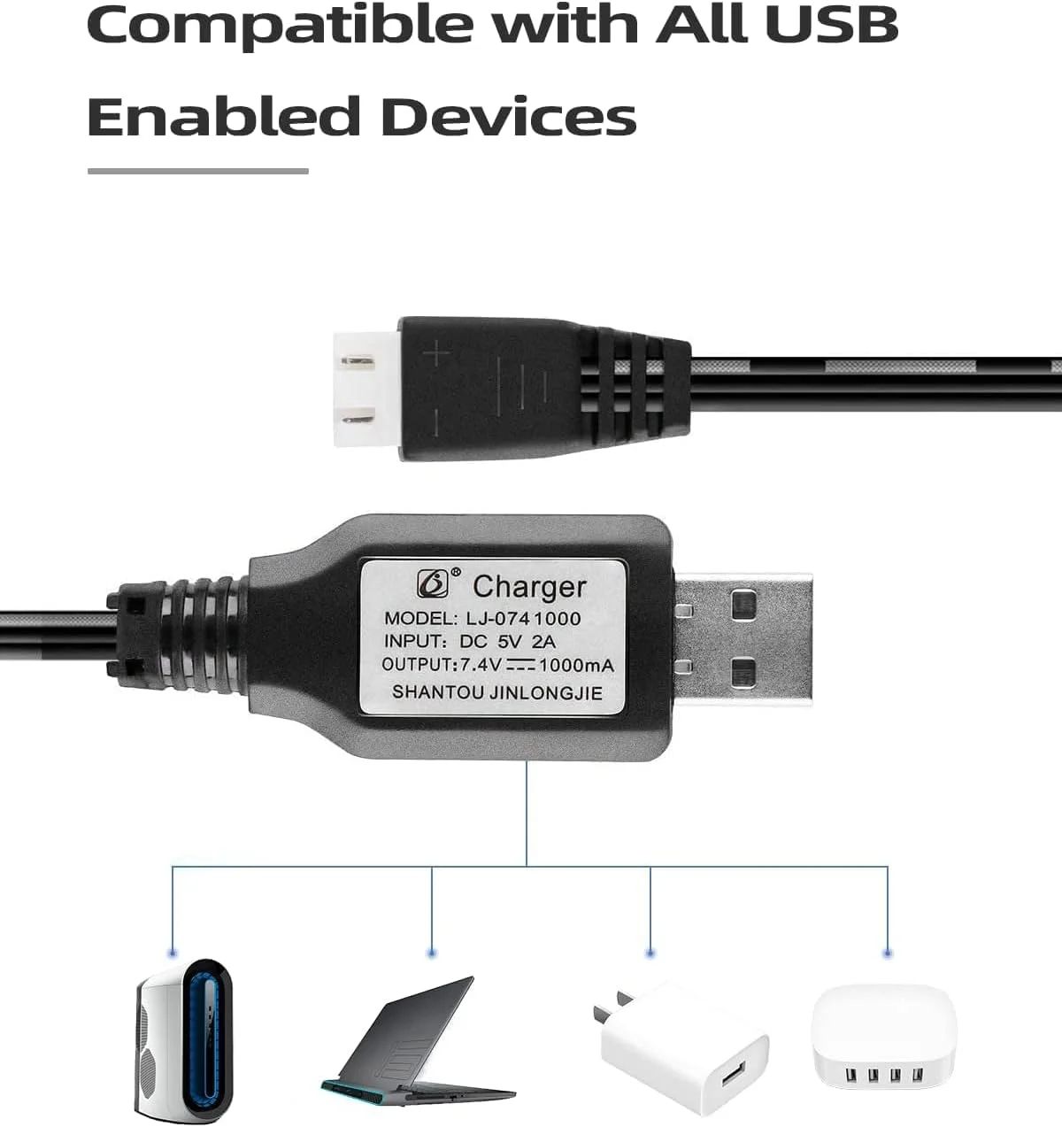 کابل شارژر USB باتری لیتیوم پلیمر 7.4 ولت 2S با کانکتور XH-3P، شارژ سریع 1 آمپر برای ماشین کنترلی SCX24، کامیون، صخره نورد، پهپاد FPV، هواپیما، قایق، کوادکوپتر مسابقه ای، هلیکوپتر، گلایدر، پهپاد، 2 عدد