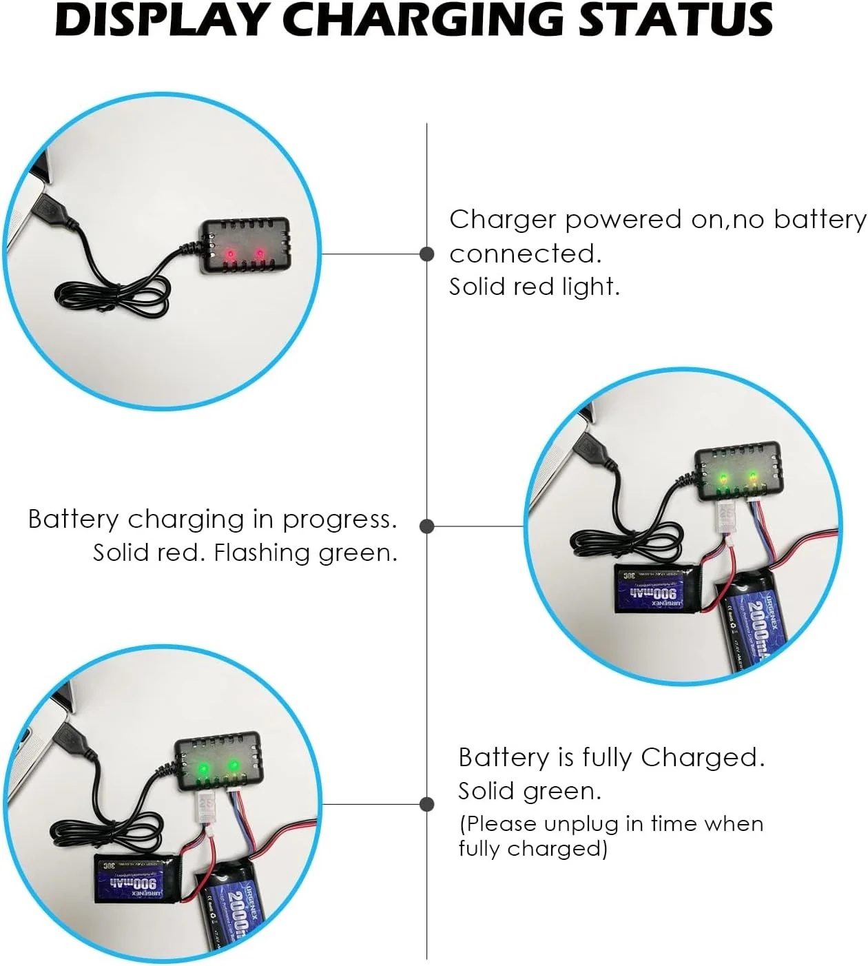 کابل شارژر USB مدل KASTWAVE 2S 7.4V، سیم شارژ دوگانه 1 آمپر با کانکتور XH-3P، شارژر جایگزین برای ماشین کنترلی SCX24 RC، آکسیال SCX10، باتری 2S LiPo، کامیون کنترلی، پهپاد، قایق، کوادکوپتر و ایرسافت