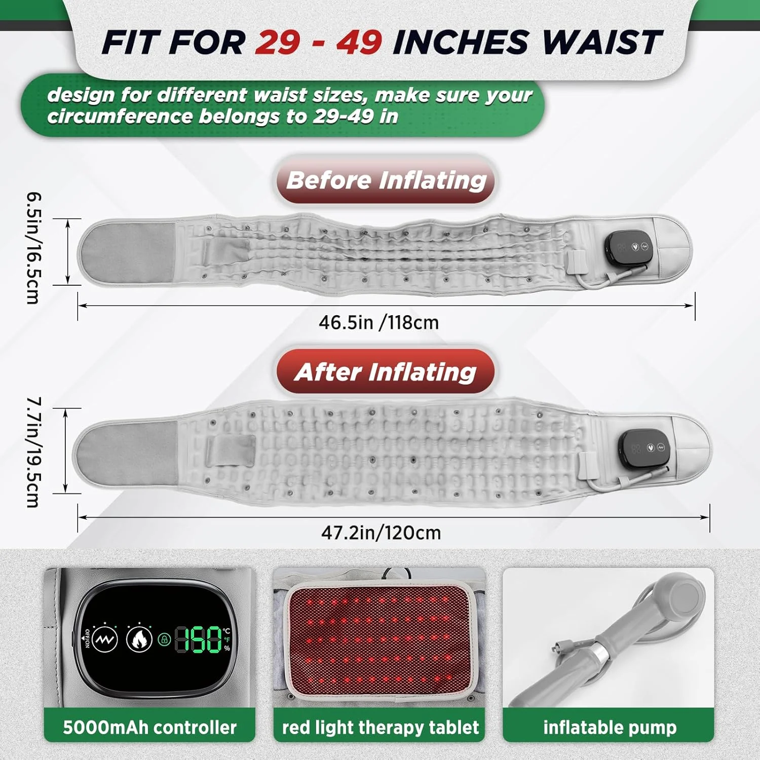 کمربند رفع فشار کمر ارهیورا با گرمایش نور قرمز و ماساژ، تسکین دهنده کمر، کمربند بادی برای ستون فقرات کمری، پد گرم کننده زنانه مردانه
