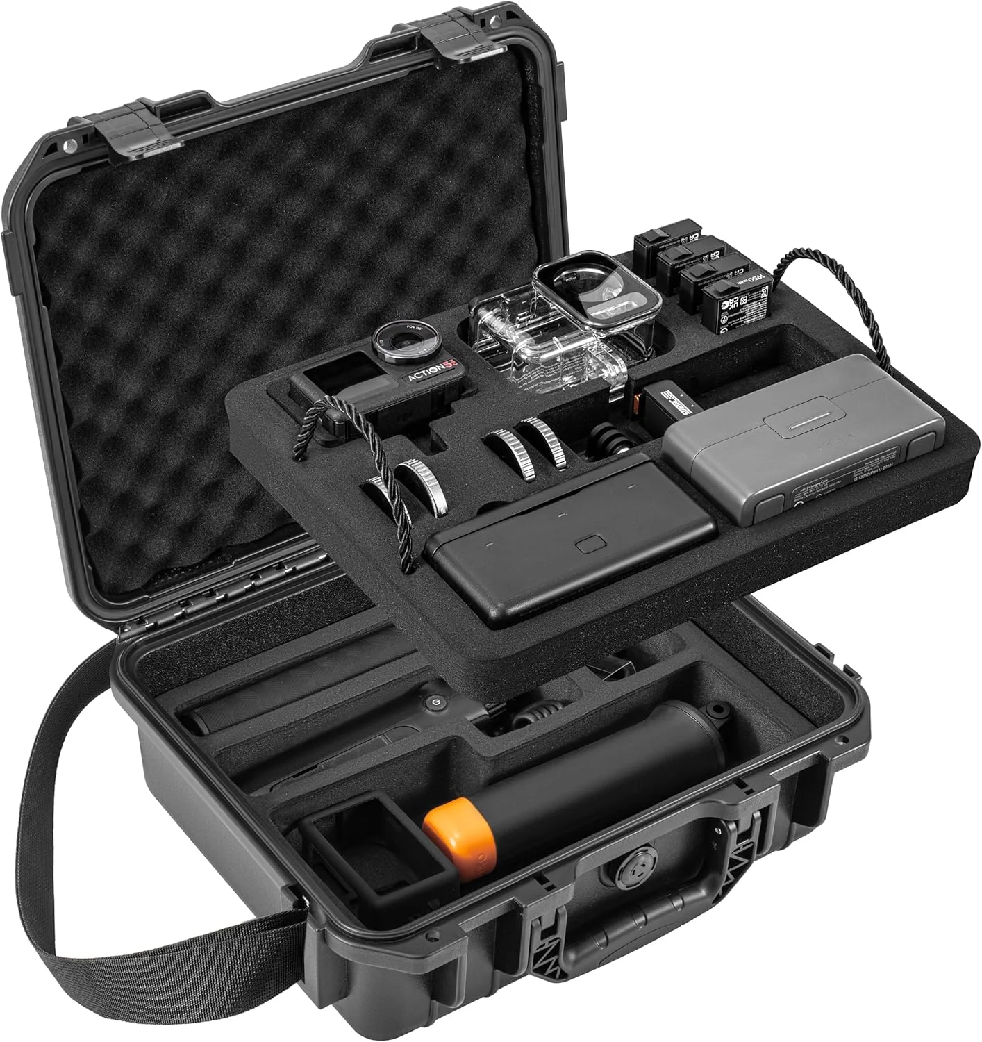 کیف سخت دو لایه ضد آب برای DJI Osmo Action5 Pro/4/3، کیف محافظ سخت قابل حمل برای همه شرایط آب و هوایی، کیف حمل مسافرتی محافظ سخت ممتاز، سازگار با MIC 2/دسته شارژ چند منظوره