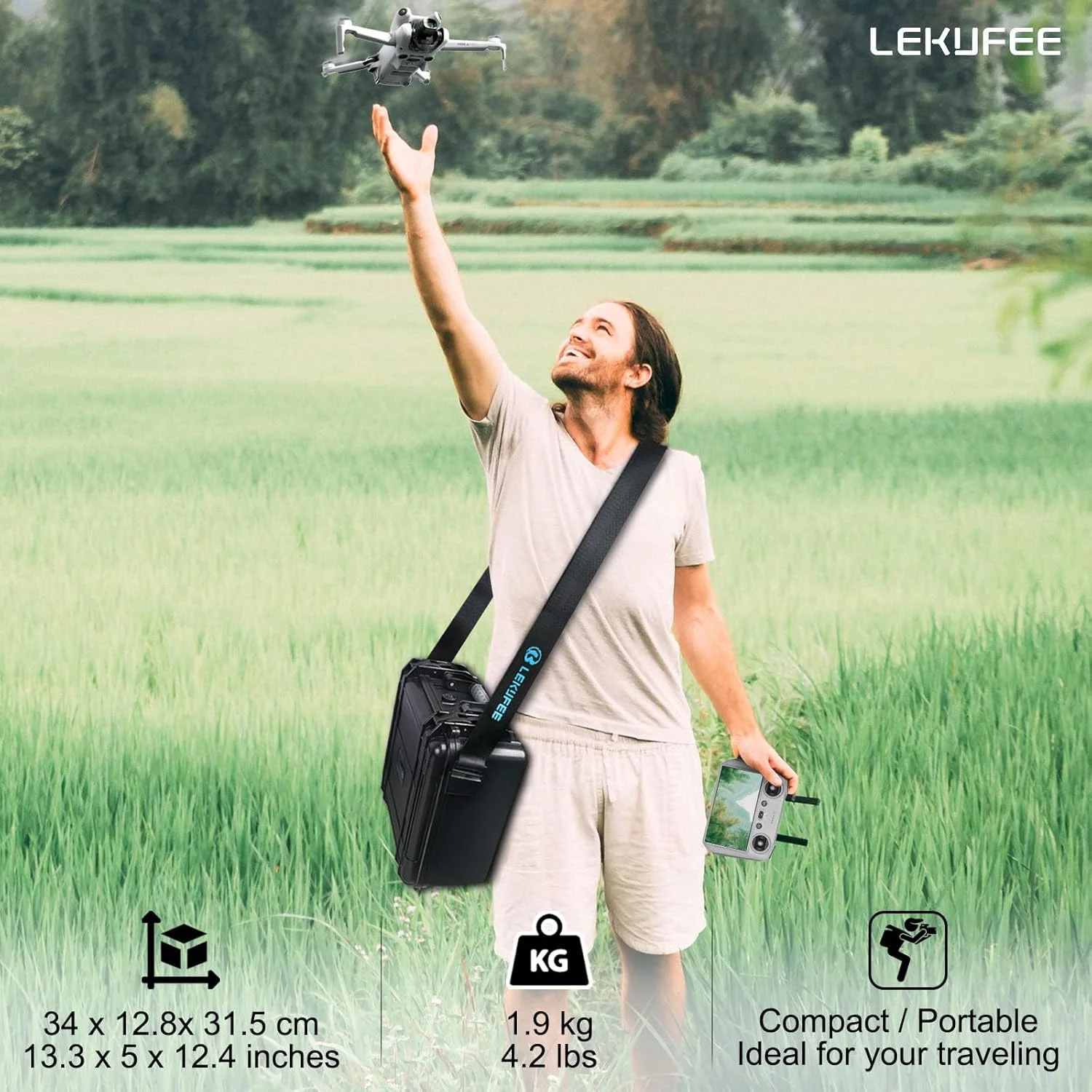 کیف حمل سخت ضد آب Lekufee سازگار با DJI Mini 4 Pro Drone/DJI Mini 4/Mini 3 Pro/Mini 3 Drone و کنترلر از راه دور DJI RC 2/DJI RC/RC N2/RC N1 و لوازم جانبی (فقط کیف)