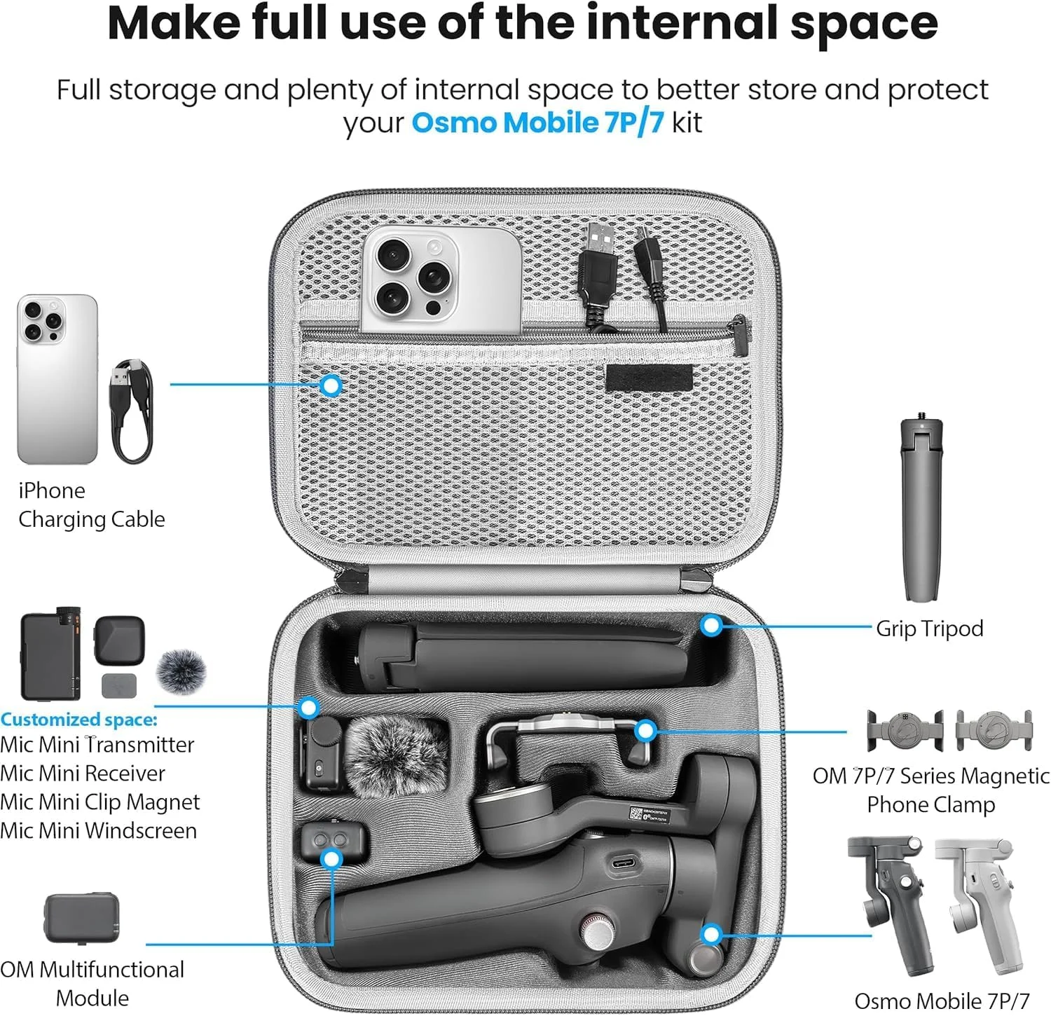 کیف نگهداری قابل حمل DJI Osmo Mobile 7 Pro/7، کیف شانه ای PU ضد آب و بادوام برای لوازم جانبی تثبیت کننده گیمبال تلفن هوشمند DJI Osmo Mobile 7/7P