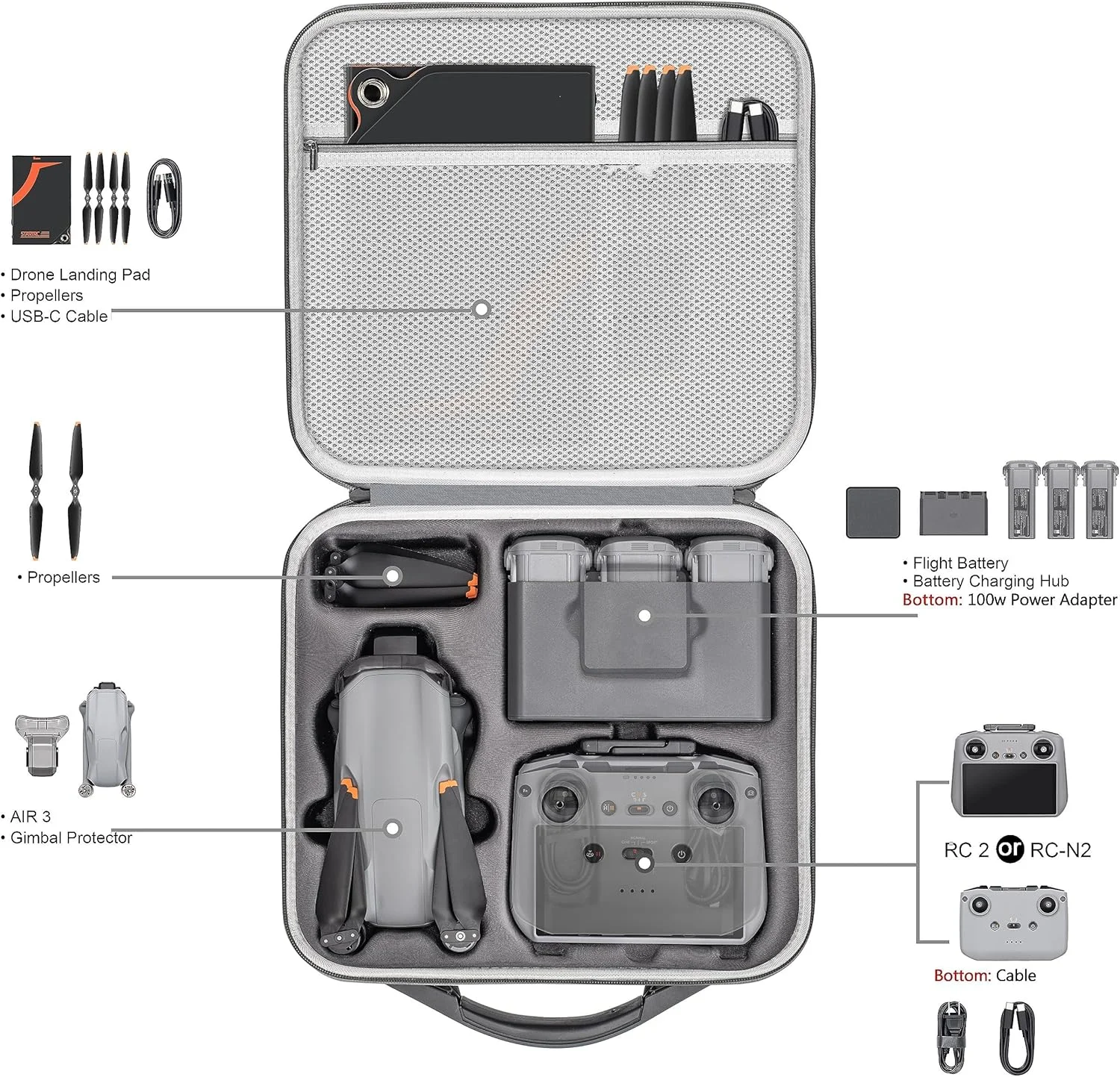 کیف حمل Skeido برای DJI Air 3S/3، کیف چرمی PU سخت و قابل حمل، ضد آب، کیف نگهداری مقاوم در برابر ضربه برای لوازم جانبی DJI Air 3S