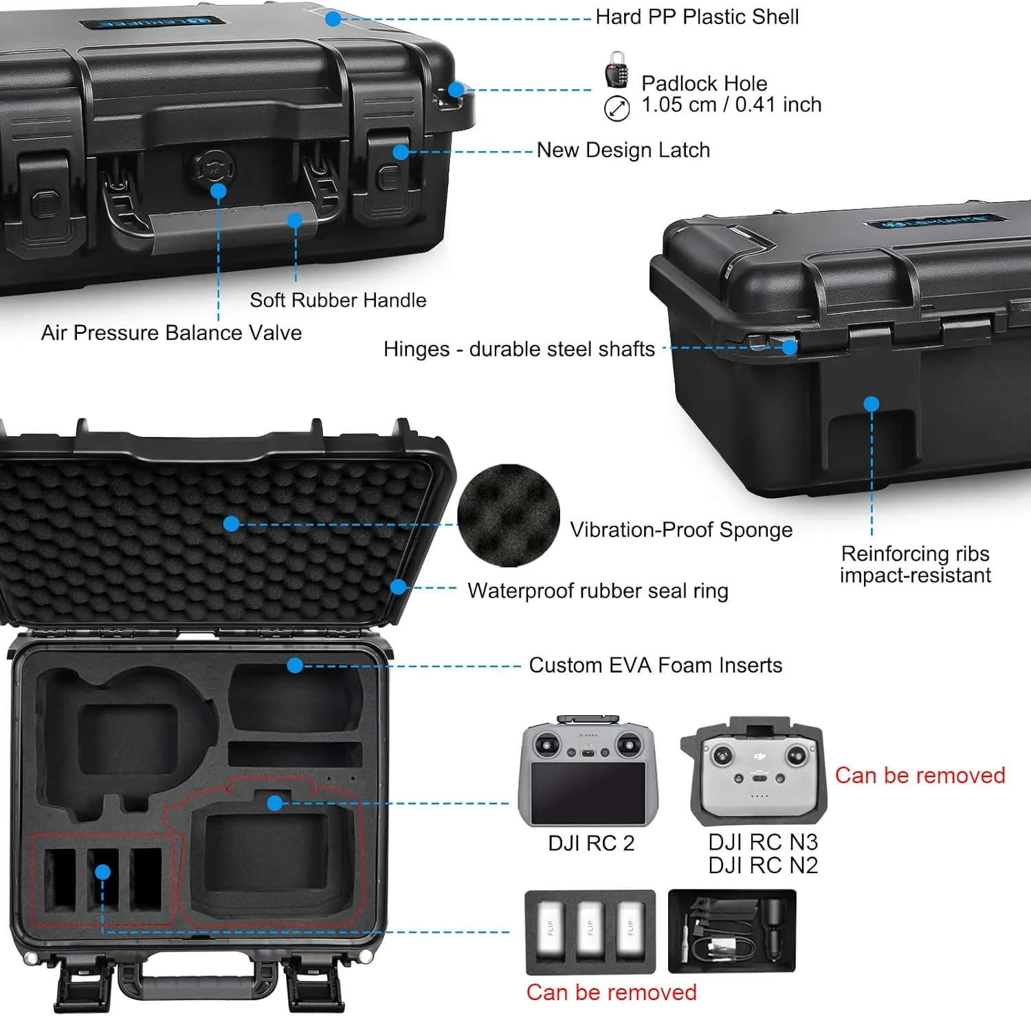 کیف حمل سخت و ضد آب قابل حمل Lekufee برای DJI Flip Drone، Fly More Combo، DJI RC 2، RC N3/N2، باتری (8 عدد)، هاب شارژ و سایر لوازم جانبی (فقط کیف)