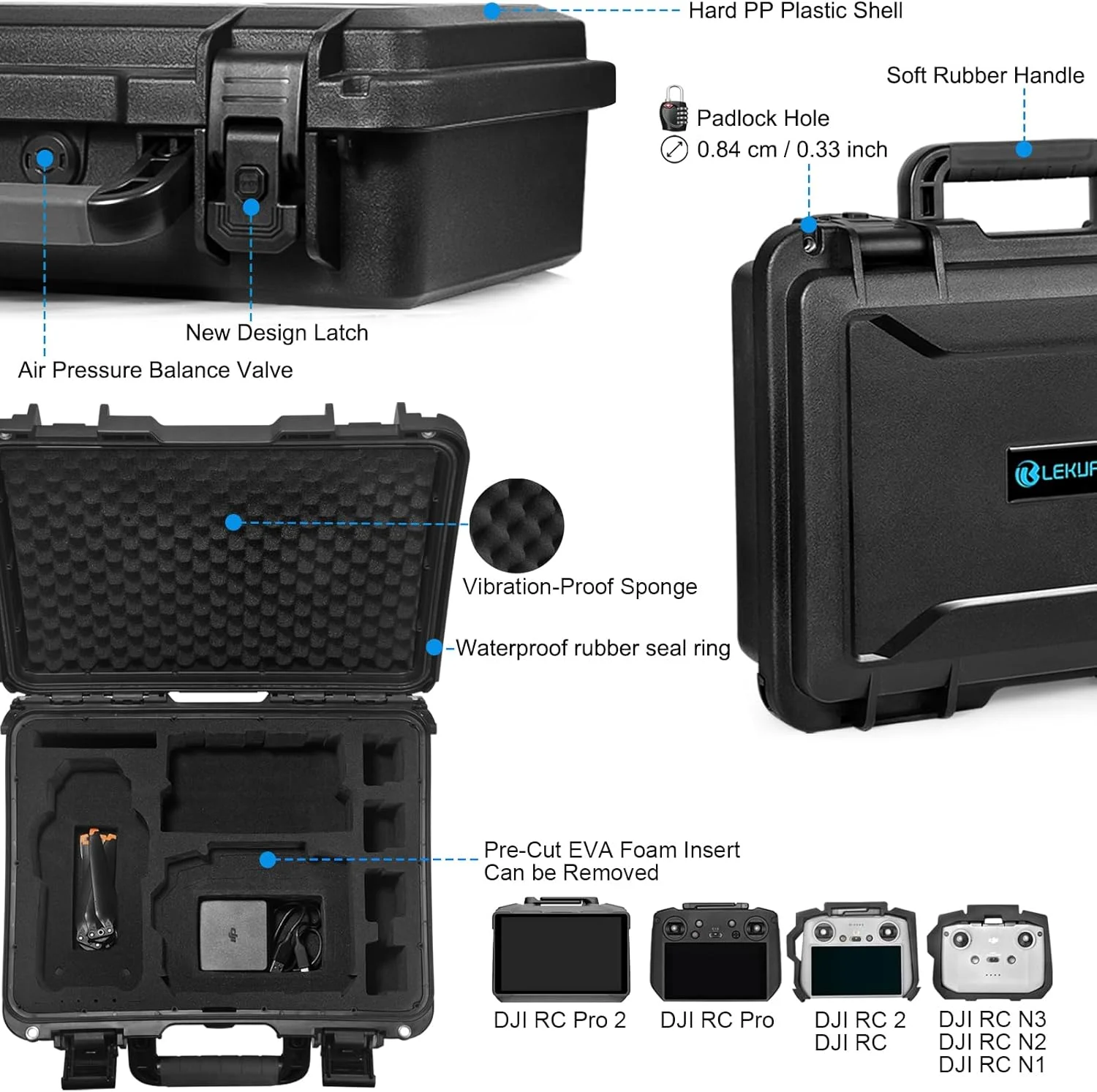کیف حمل ضد آب Lekufee سازگار با DJI Air 3S، پهپاد DJI Air 3، کمبو Fly More DJI Air 3S، کنترلر از راه دور DJI RC Pro 2، DJI RC 2، DJI RC N3/N2 و لوازم جانبی (فقط کیف)