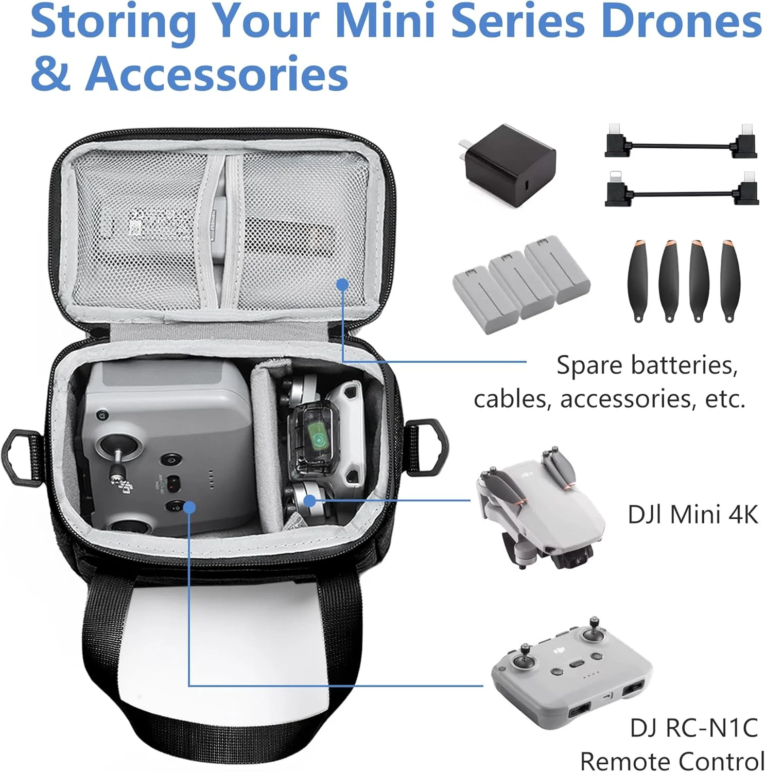 کیف حمل مسافرتی DJI Mini 4K/Mni 4/Mni 4 Pro/Mini 2 SE، کیف شانه ای کوچک قابل حمل برای پهپاد DJI و لوازم جانبی کنترلر، کیف نگهداری پهپاد آکسفورد ضد آب با بند شانه (مشکی)