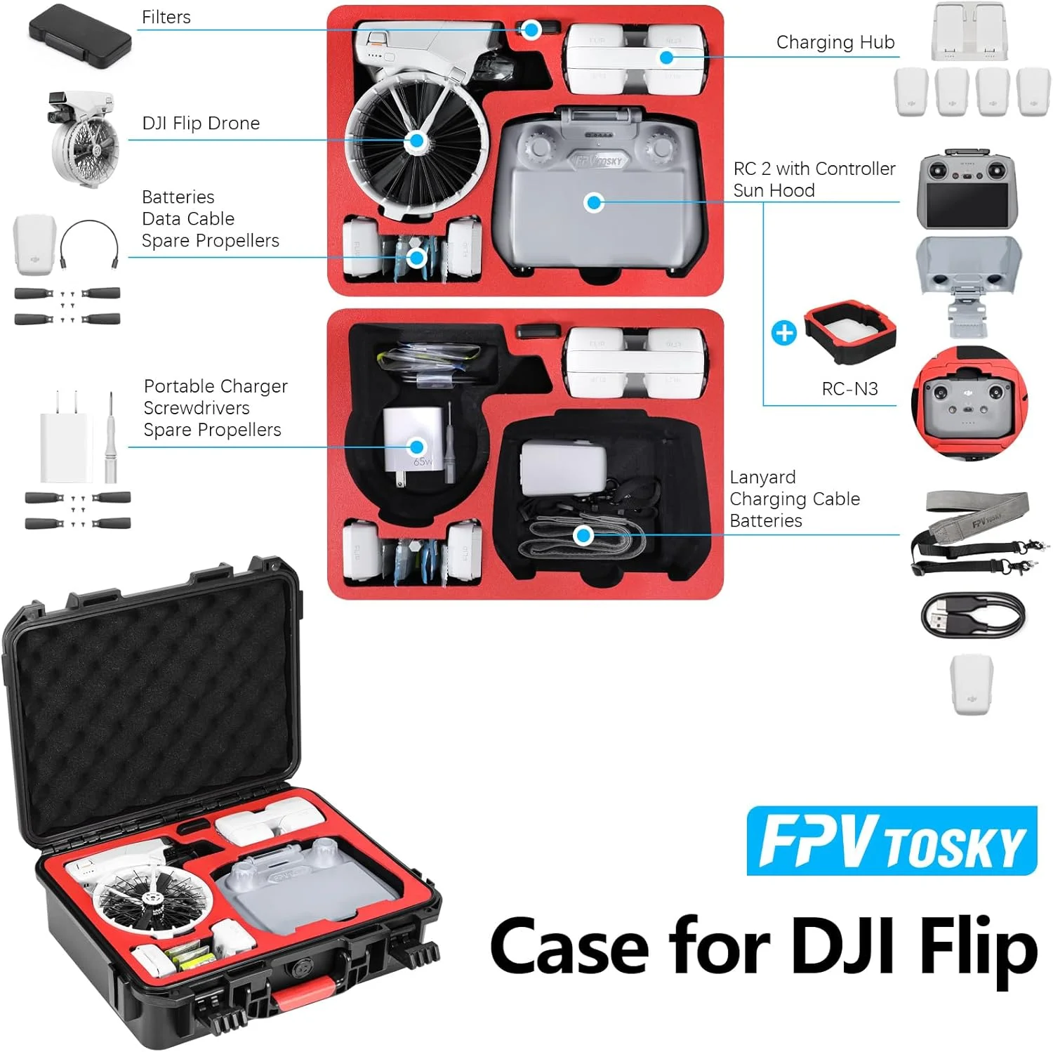 کیف سخت ضد آب FPVtosky برای DJI Flip Fly More Combo، مناسب برای کنترلر RC2/RC-N3، نگهداری تا 7 باتری، هاب شارژ، کابل، فیلترها و سایر لوازم جانبی [فقط کیف]، مشکی