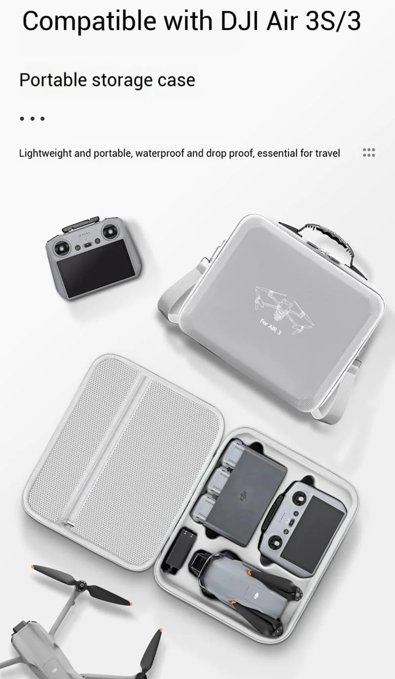 کیف حمل سخت برای DJI Air 3S/3، کیف چرمی PU مسافرتی قابل حمل، ضد آب و مقاوم در برابر ضربه برای پهپاد DJI Air 3/Air 3S و لوازم جانبی (با فضای هاب شارژ)