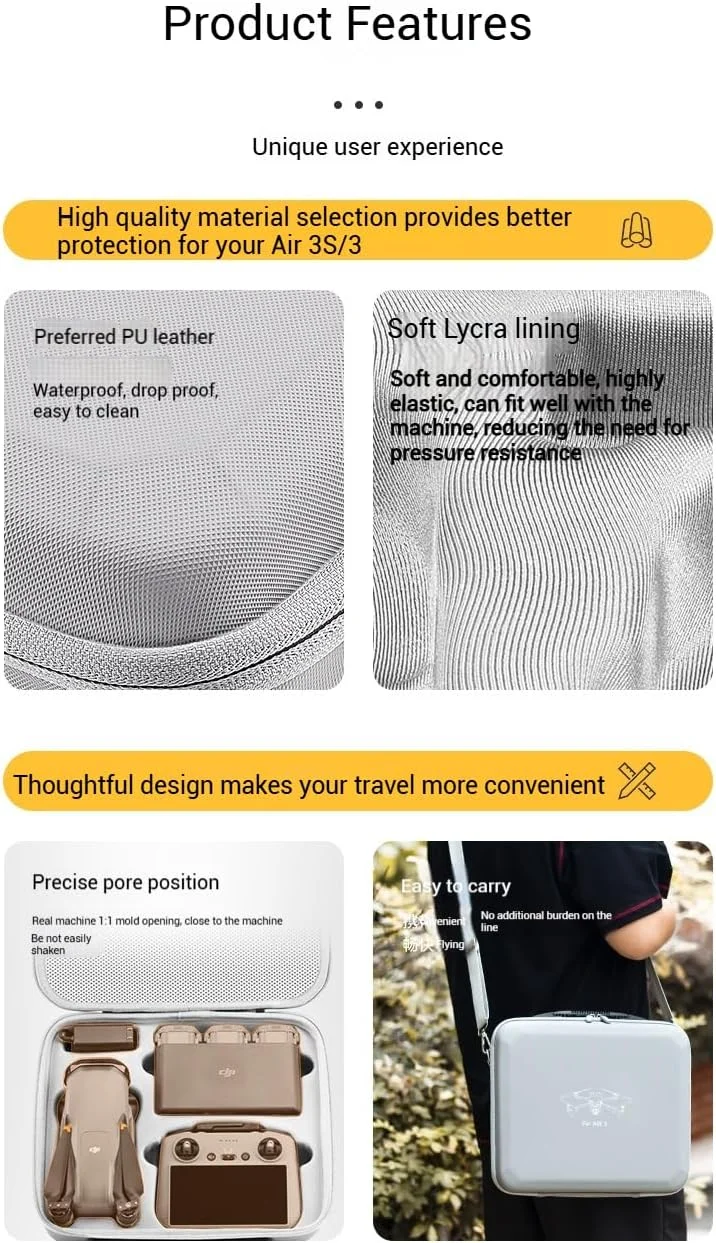 کیف حمل سخت برای DJI Air 3S/3، کیف چرمی PU مسافرتی قابل حمل، ضد آب و مقاوم در برابر ضربه برای پهپاد DJI Air 3/Air 3S و لوازم جانبی (با فضای هاب شارژ)