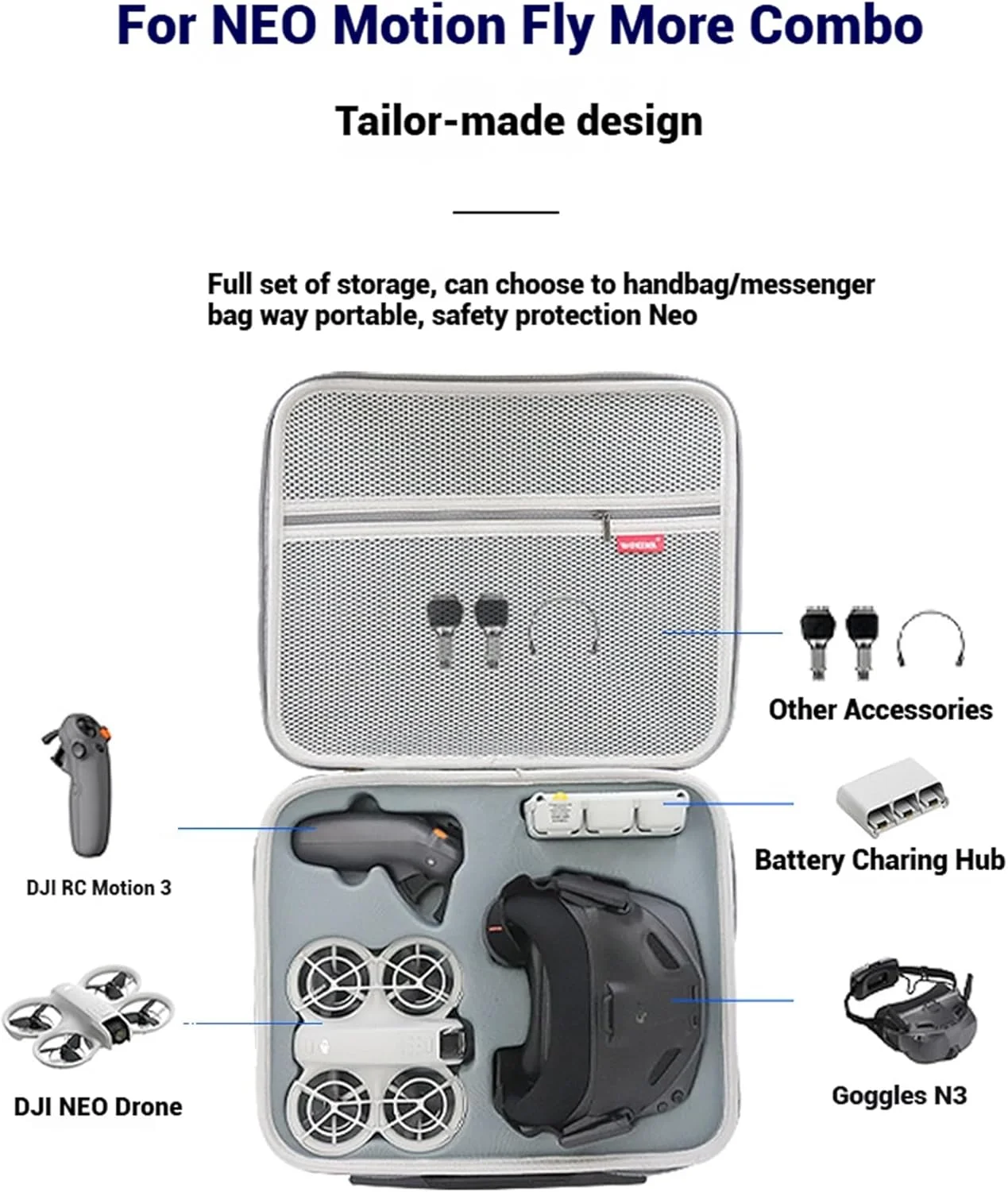 کیف حمل برای کمبو DJI Neo Motion Fly More، مناسب برای نگهداری پهپاد Neo، RC Motion 3، Goggles N3، هاب شارژ باتری، لوازم جانبی ملخ یدکی کیف حمل برای کمبو DJI Neo Motion Fly More، مناسب برای نگهداری پهپاد Neo، RC Motion 3، Goggles N3، هاب شارژ باتری، لوازم جانبی ملخ یدکی