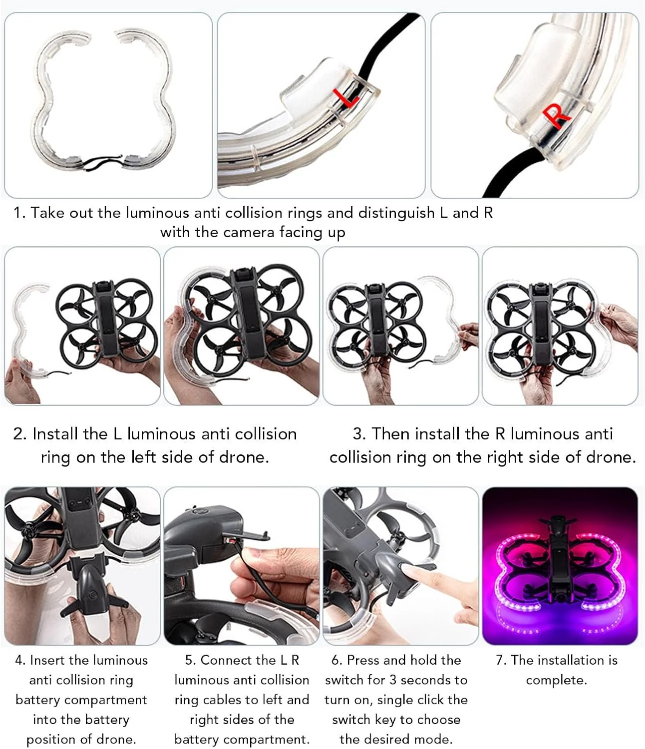 محافظ پروانه ضربه گیر برای پهپاد Avata 2، محافظ پروانه چراغ دار RGB رنگارنگ، پوشش محافظ ضد برخورد برای پهپاد Avata 2