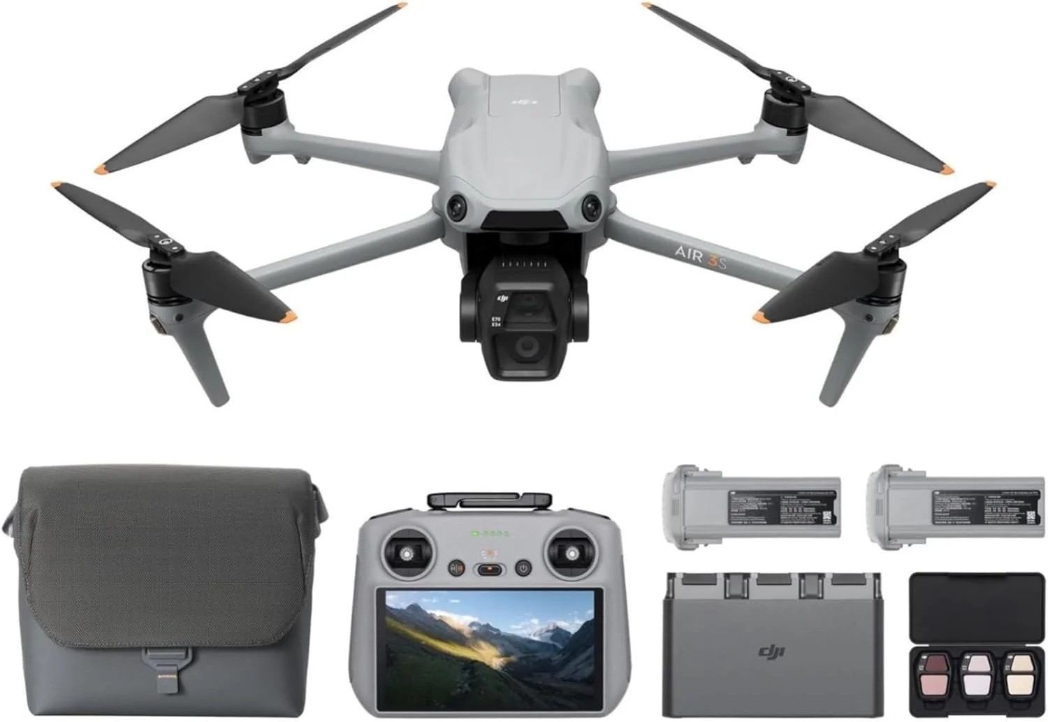 DJI Air 3S Fly More Combo (DJI RC 2)، با دوربین زاویه باز CMOS 1 اینچی و تله متوسط، 4K/60fps، حسگر همه جهته و 3 باتری، دارای گواهی MOIAT - نسخه امارات متحده عربی با پشتیبانی رسمی