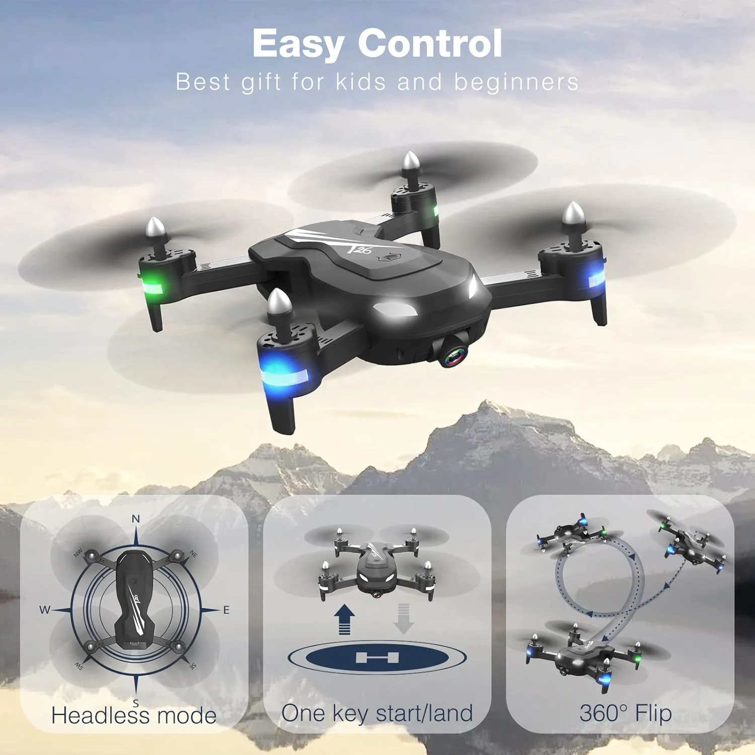 کوادکوپتر تاشو از راه دور مدل T26 با دوربین HD 1080P، انتقال وای فای FPV، کنترل تلفن همراه و 2 باتری