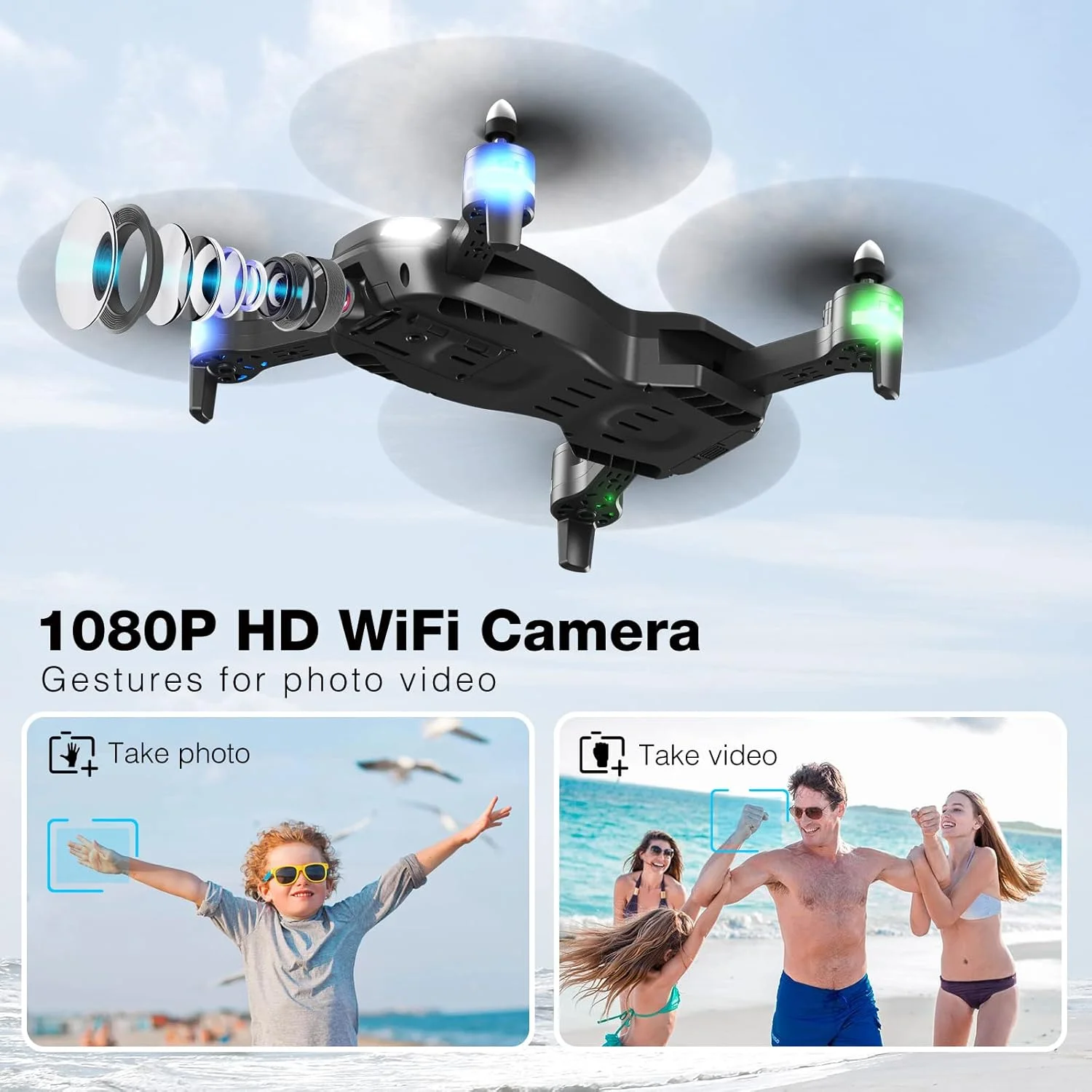 کوادکوپتر تاشو از راه دور مدل T26 با دوربین HD 1080P، انتقال وای فای FPV، کنترل تلفن همراه و 2 باتری