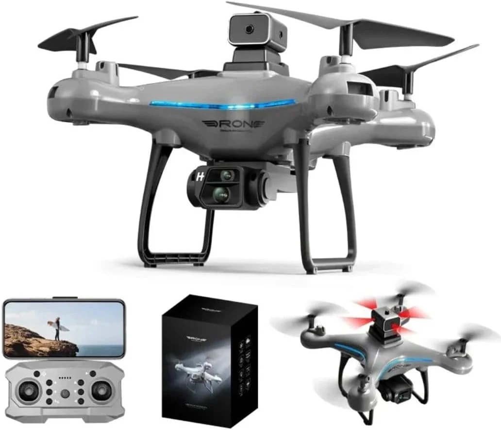 پهپاد دوربین دار حرفه ای با چراغ های راهنمایی LED، نقره ای و آبی