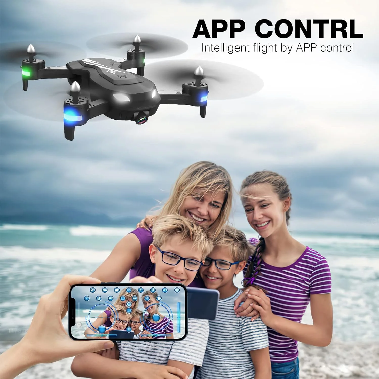 کوادکوپتر تاشو از راه دور مدل T26 با دوربین HD 1080P، انتقال وای فای FPV، کنترل تلفن همراه و 2 باتری