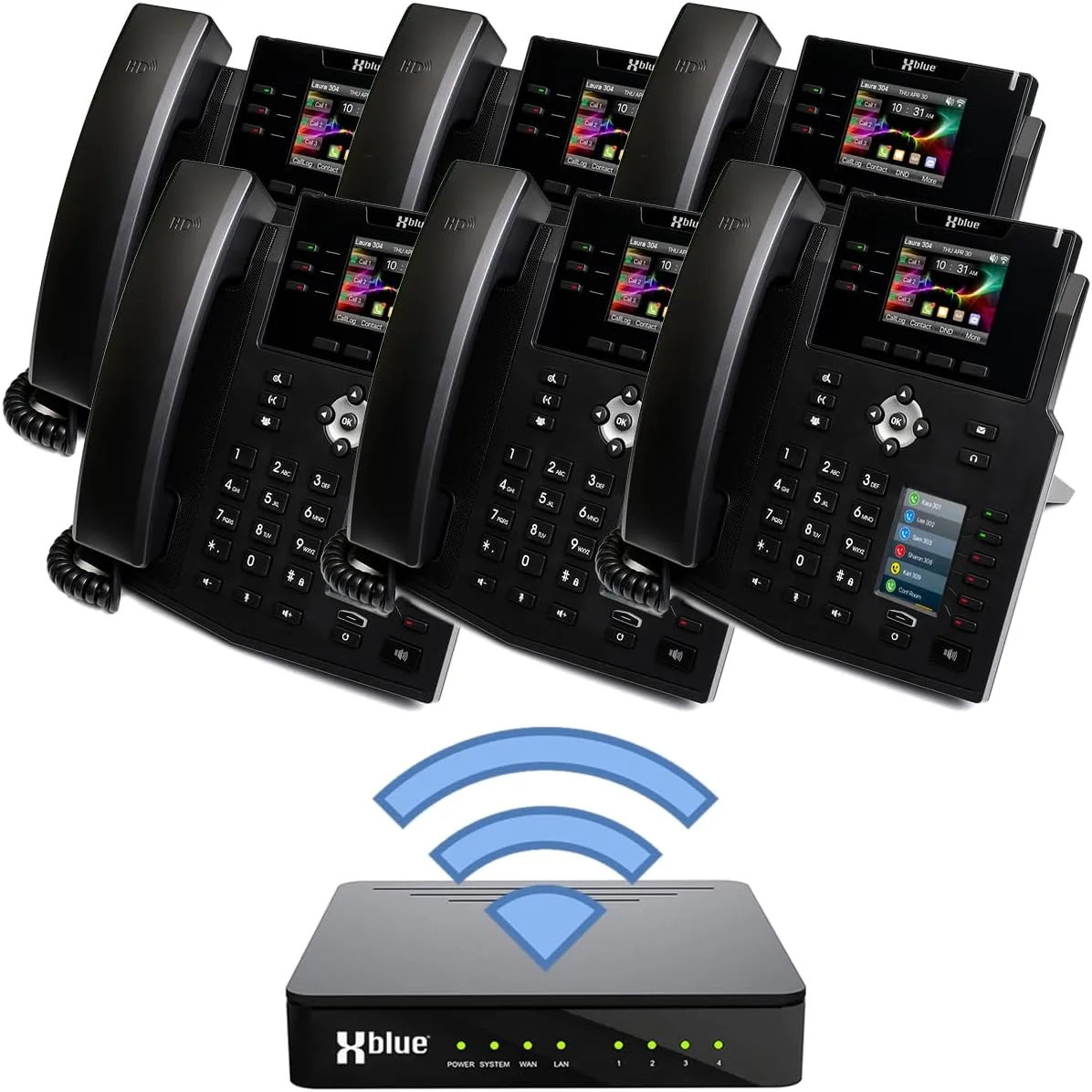 بسته سیستم تلفن کسب و کار کوچک بی سیم XBLUE QB1 با (6) تلفن VoIP مدل IP9g - شامل اپراتور خودکار، پست صوتی، داخلی های کارمند از راه دور، شناسه تماس گیرنده، کنفرانس، پیجینگ و اینترکام