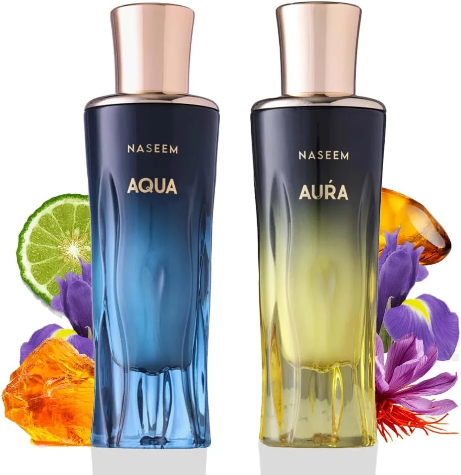 عطر نسیم بلو آکوا و آورا آکوا برای آقایان و بانوان | رایحه آب شور و شیرین تازه، زنجبیل، گریپ فروت، آمبروکسان، بدون الکل، رایحه های ماندگار برای آقایان و بانوان (ترکیبی - 80 میلی لیتر هر کدام)