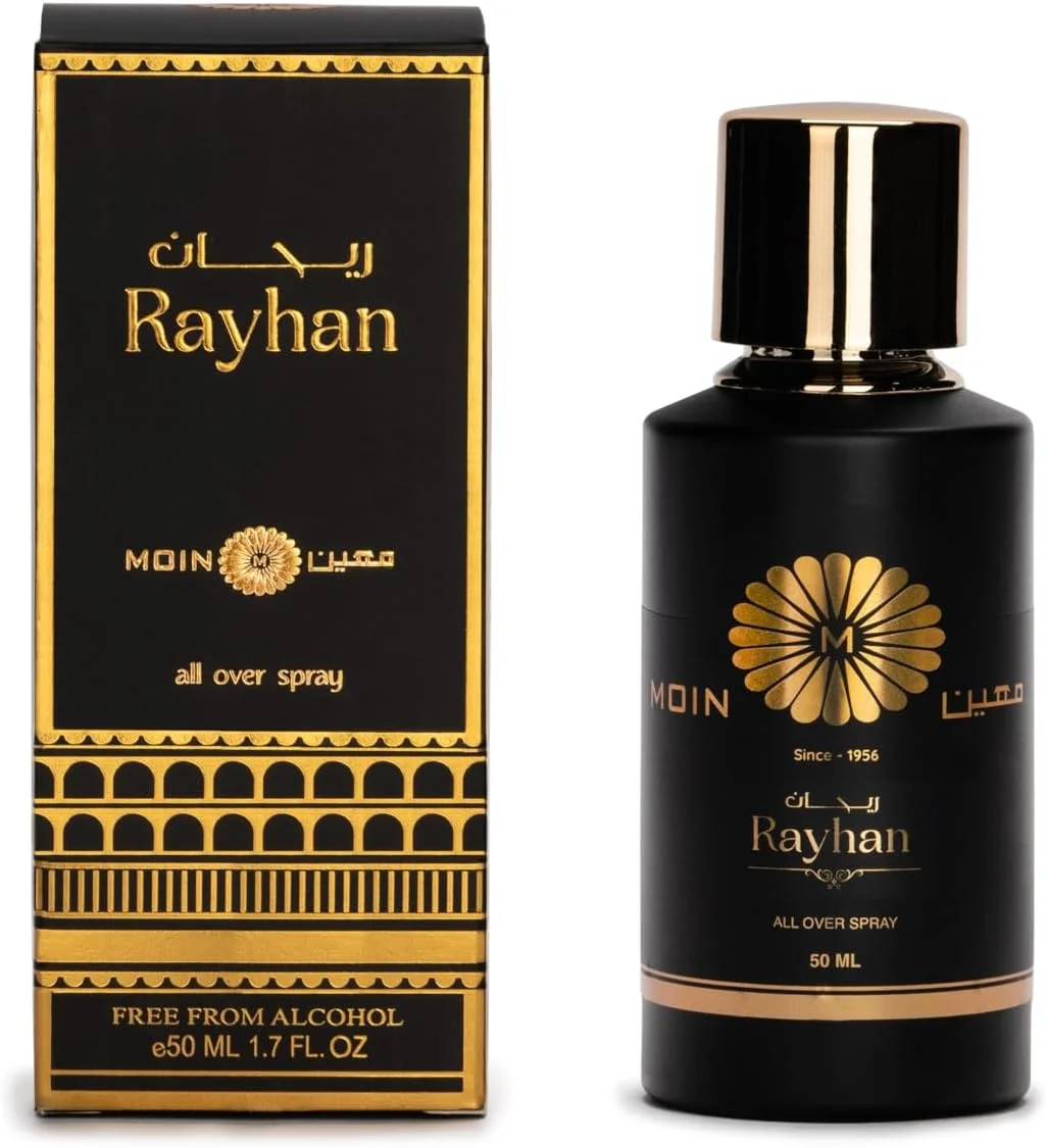 عطر غیر الکلی ریحان معین 50 میلی لیتر - رایحه شیرین میوه ای، کهربا، مشک و وانیل برای آقایان و بانوان، ماندگاری طولانی، رایحه ای ظریف برای استفاده روزانه و مناسبت های خاص