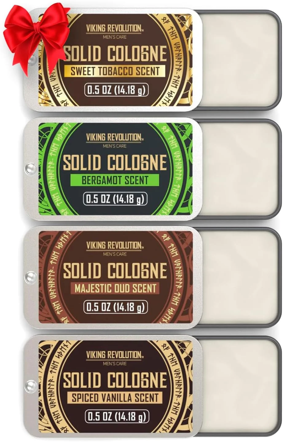 مجموعه چهارتایی ادکلن مردانه وایکینگ رولوشن - عطر جامد 15 میلی لیتری با رایحه وانیل ادویه دار، تنباکو شیرین، عود مجلل و ترنج - بالم مومی مسافرتی