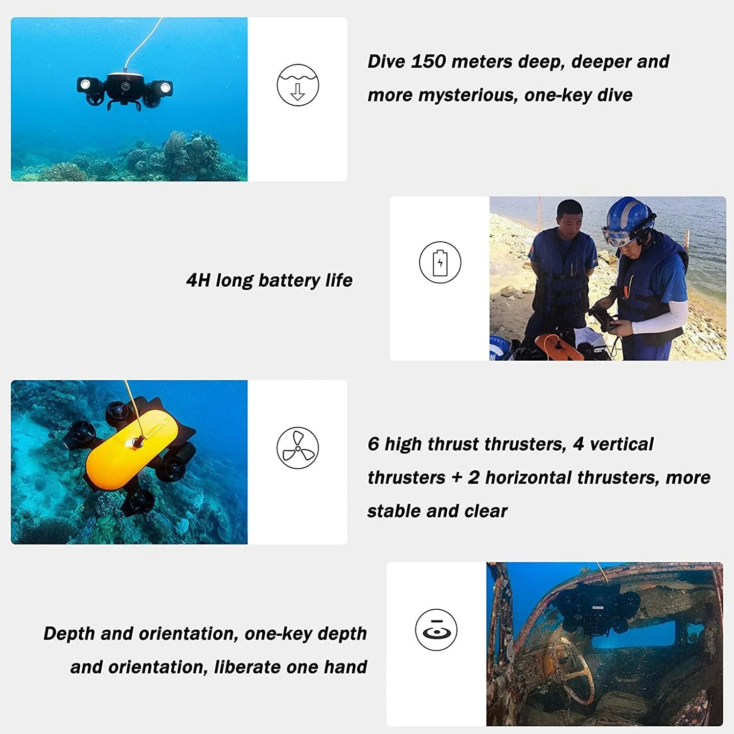 ربات زیرآبی حرفه ای 150 متری با قابلیت کنترل از راه دور و پخش زنده 4K UHD برای تشخیص زیر دریا