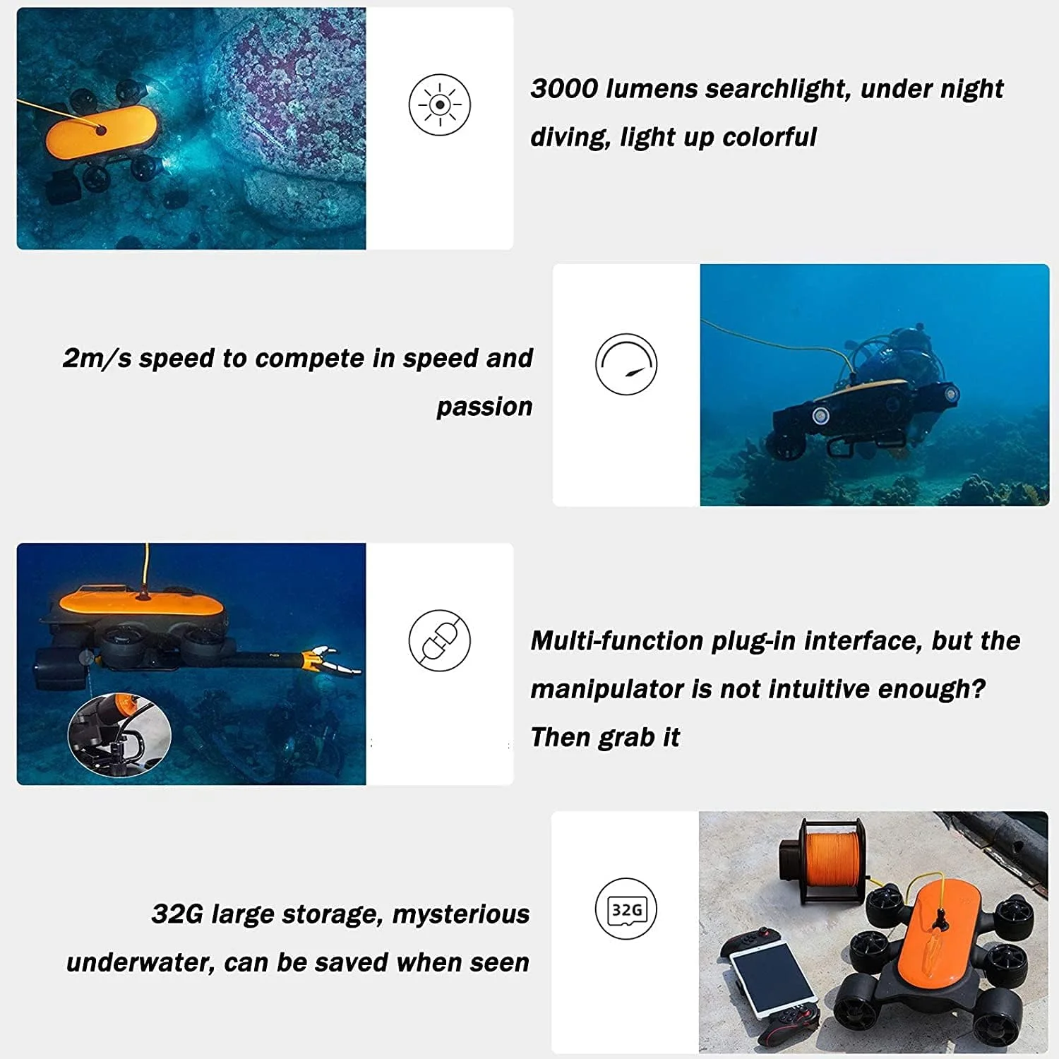 ربات زیرآبی حرفه ای 150 متری با قابلیت کنترل از راه دور و پخش زنده 4K UHD برای تشخیص زیر دریا