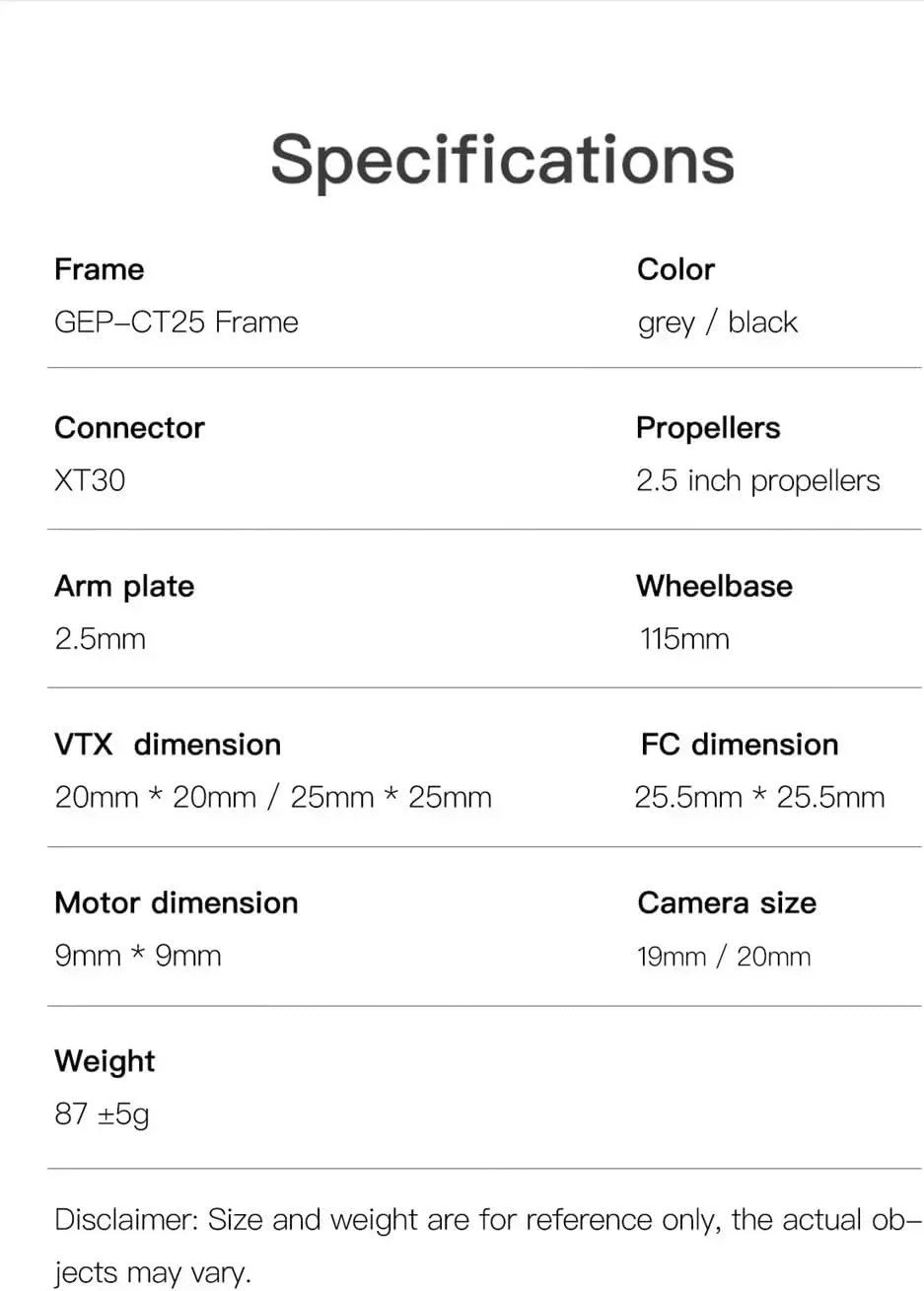 کیت فریم فیبر کربنی GEP-CT25 Cinebot 25 با فاصله بین دو محور 115 میلی‌متری برای کوادکوپترهای سینه‌وپ RC FPV و لوازم جانبی پهپاد (GEP-CT25 خاکستری)