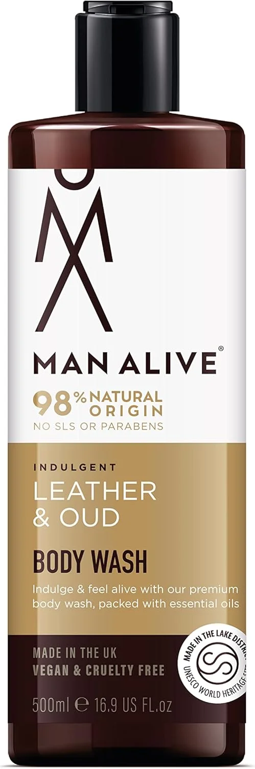 ژل دوش مردانه MAN ALIVE، ۵۰۰ میلی لیتر، شستشوی بدن و صورت مردانه حاوی رایحه ای مردانه، وگان، فرمولاسیون فاقد SLS و سولفات. ایده آل برای هدیه به آقایان (چرم و عود، تک)