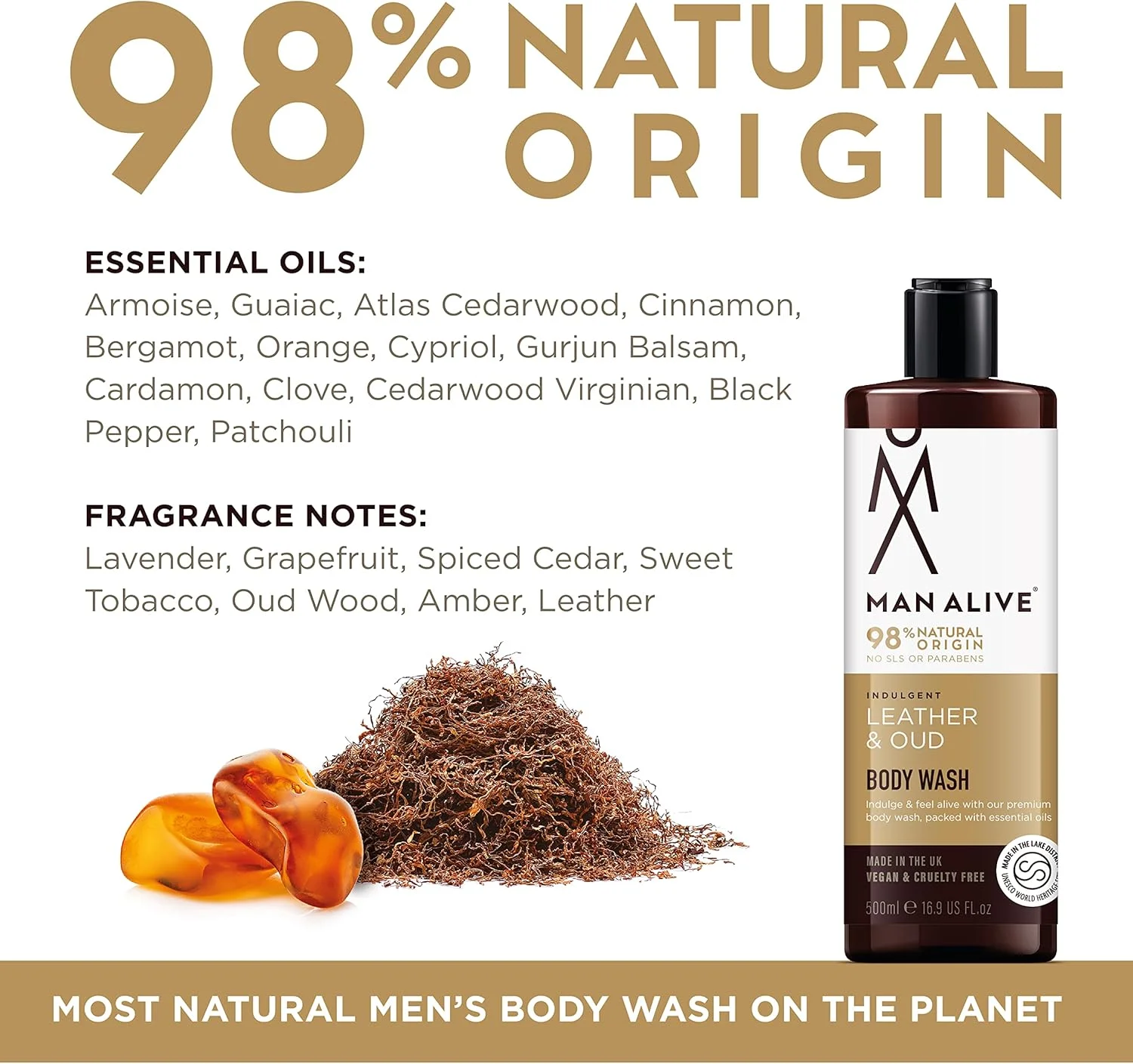 ژل دوش مردانه MAN ALIVE، ۵۰۰ میلی لیتر، شستشوی بدن و صورت مردانه حاوی رایحه ای مردانه، وگان، فرمولاسیون فاقد SLS و سولفات. ایده آل برای هدیه به آقایان (چرم و عود، تک)