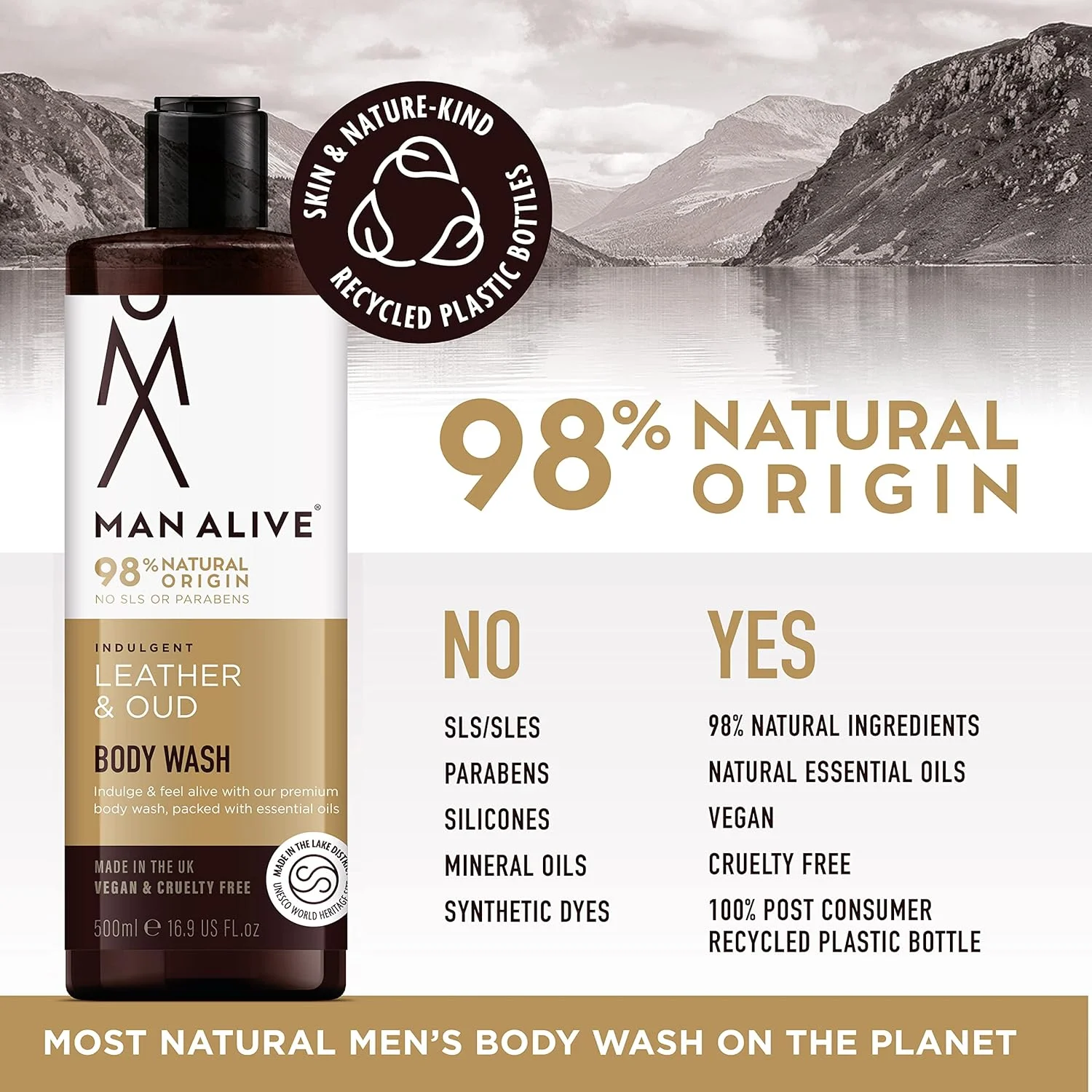 ژل دوش مردانه MAN ALIVE، ۵۰۰ میلی لیتر، شستشوی بدن و صورت مردانه حاوی رایحه ای مردانه، وگان، فرمولاسیون فاقد SLS و سولفات. ایده آل برای هدیه به آقایان (چرم و عود، تک)