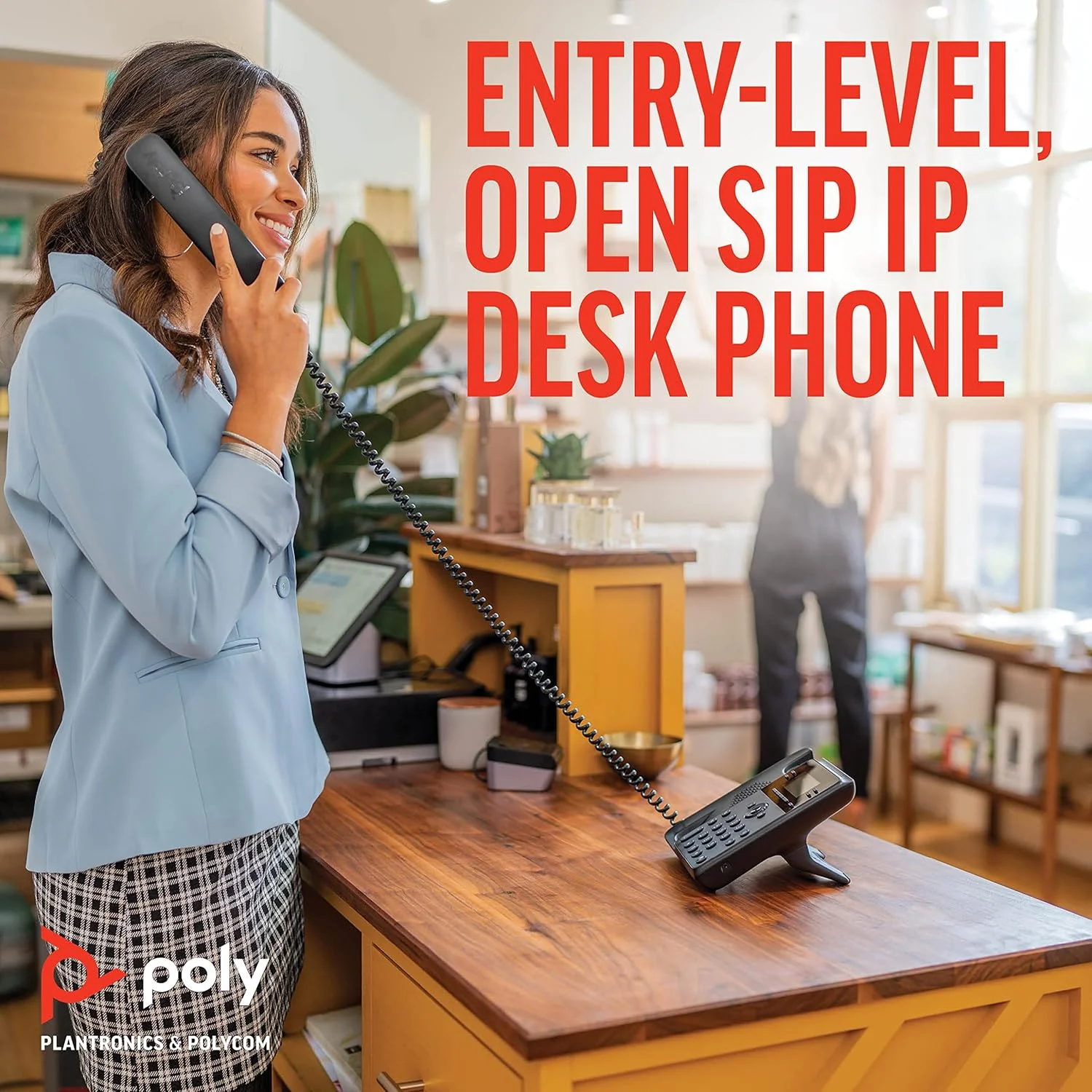 تلفن رومیزی تحت شبکه Poly Edge B20، با قابلیت PoE (پلی‌کام) - Open SIP - اتصال به 8 خط، دفترچه تلفن - تکنولوژی Acoustic Fence - پورت‌های هدست RJ9 و 3.5 میلی‌متری – کلیدهای دارای نور پس‌زمینه