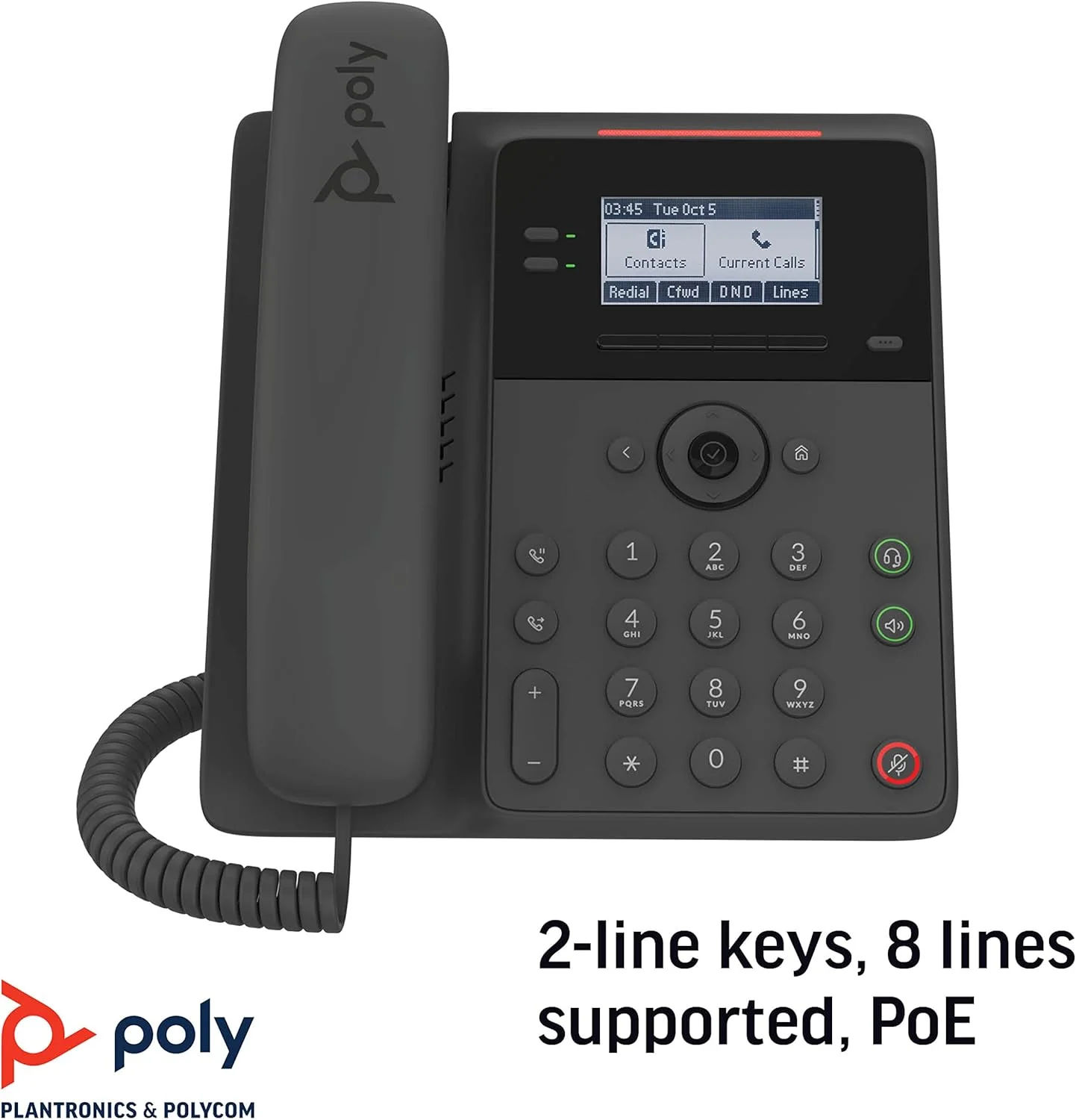 تلفن رومیزی تحت شبکه Poly Edge B20، با قابلیت PoE (پلی‌کام) - Open SIP - اتصال به 8 خط، دفترچه تلفن - تکنولوژی Acoustic Fence - پورت‌های هدست RJ9 و 3.5 میلی‌متری – کلیدهای دارای نور پس‌زمینه